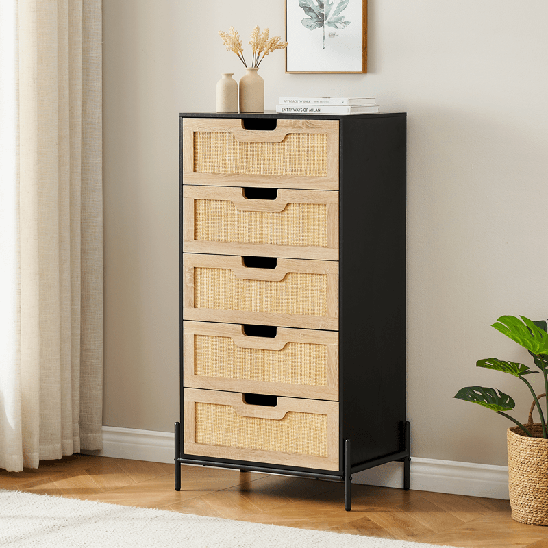 5 Drawers Dresser for Bedroom, Natural Rattan Drawer with Spacious Storage, Wood Chest of Drawers with Metal Legs for Bedroom, Living Room, Hallway, Entryway, Closet