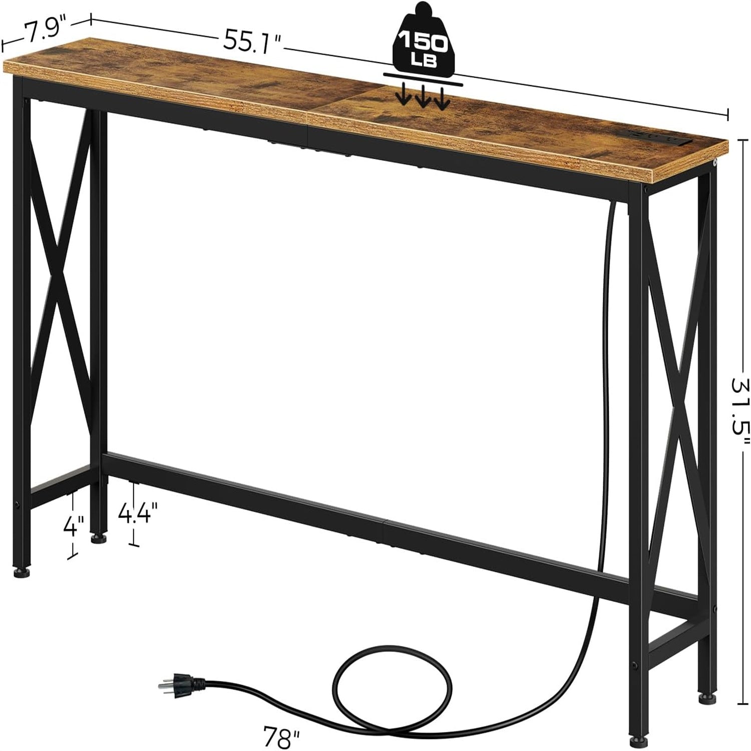 55.1/70.8 Inch Console Table with Outlet, Sofa Table with Charging Station, Industrial Entryway Table, Narrow Entryway Table, Skinny Hallway Table, Behind Couch Table, Behind Couch Table for Entryway, Hallway, Foyer, Living R