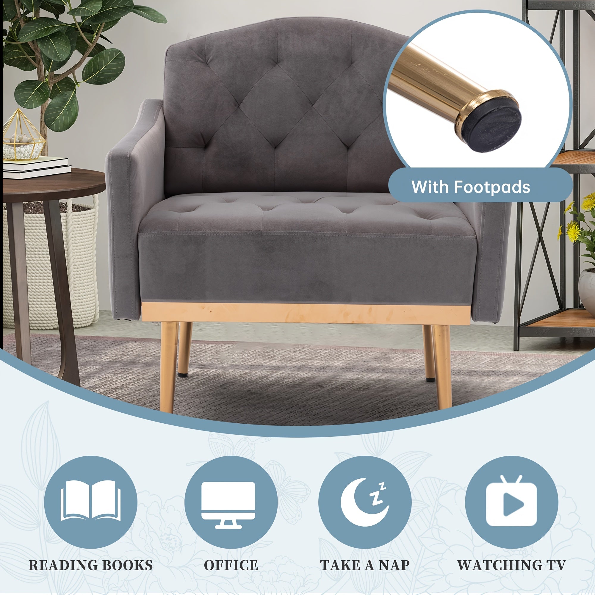 Elegant Gray Tufted Accent Chair with Arms - Modern Decorative Armchair with Golden Metal Legs, Soft Cushioned Reading Chair for Living Room, Bedroom, Office - Easy to Clean, Solid Back, Non-Reclining, Chair Furniture