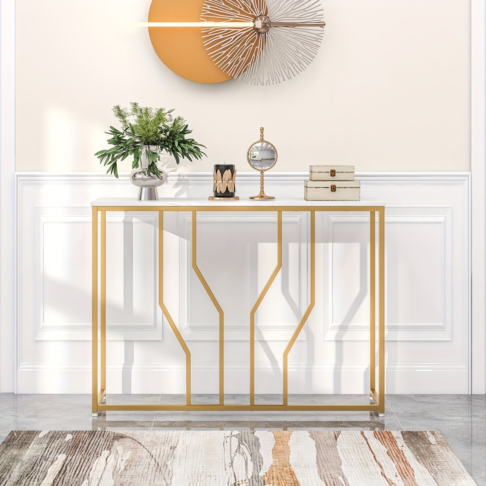 1pc 44" Golden Console Table With Faux Marble Tabletop Golden Metal Frame For Entrance