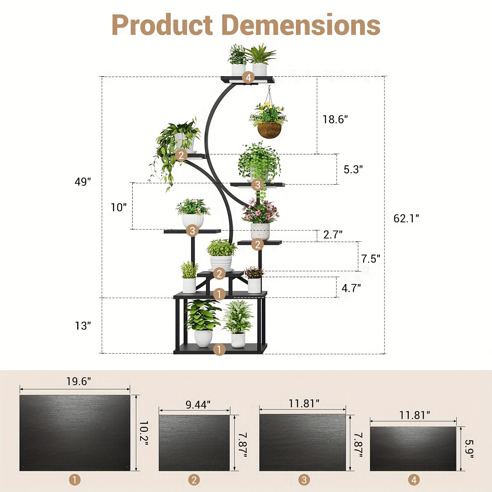 8-Tier Metal Plant Stand with Grow Lights, 62" Tall S-Shaped Indoor Plant Shelf, Multi-Level Display for Living Room Decor, Classic Brown Black Finish, Grow Light Stand | Classic Sshaped Design | Wooden Shelf Finish, Artifici