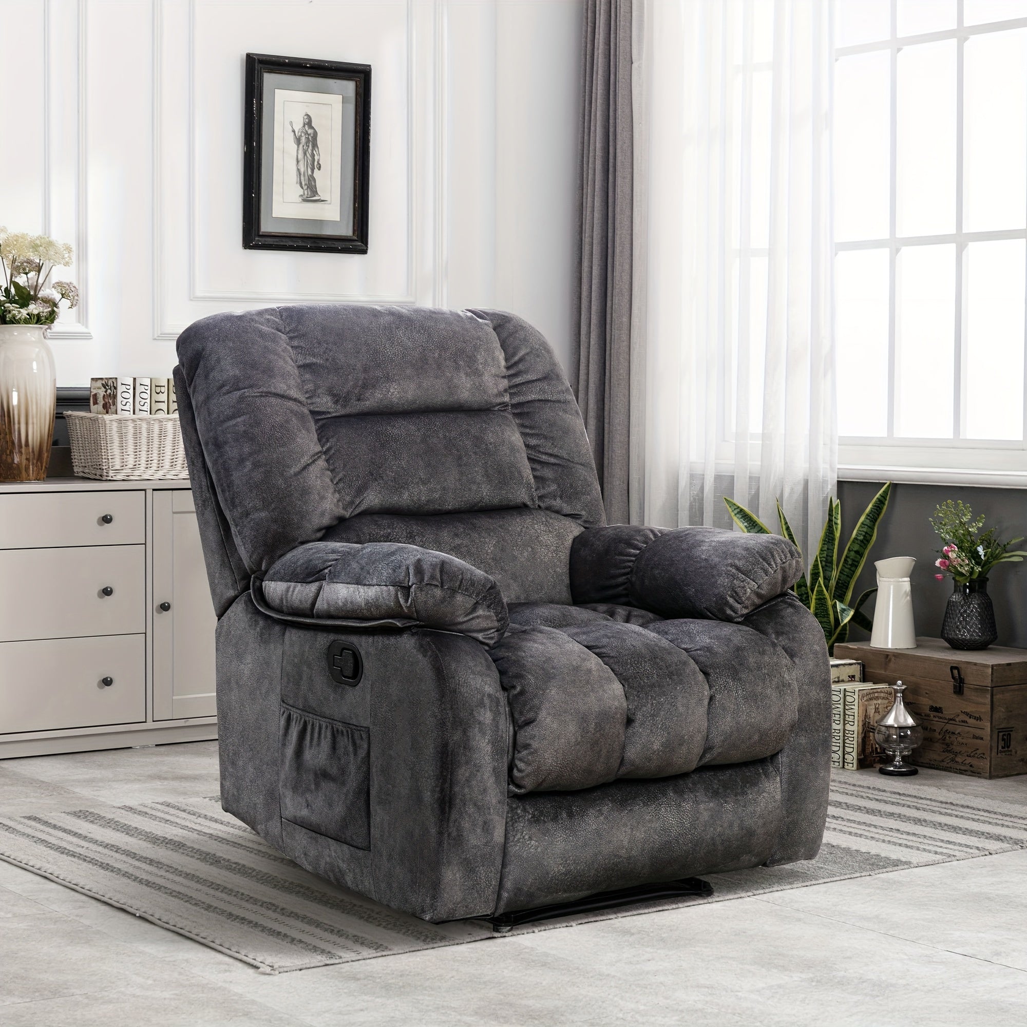 Soft Fabric Single Manual Recliner With Massage Heating, Black, Chocolate Brown, Camel