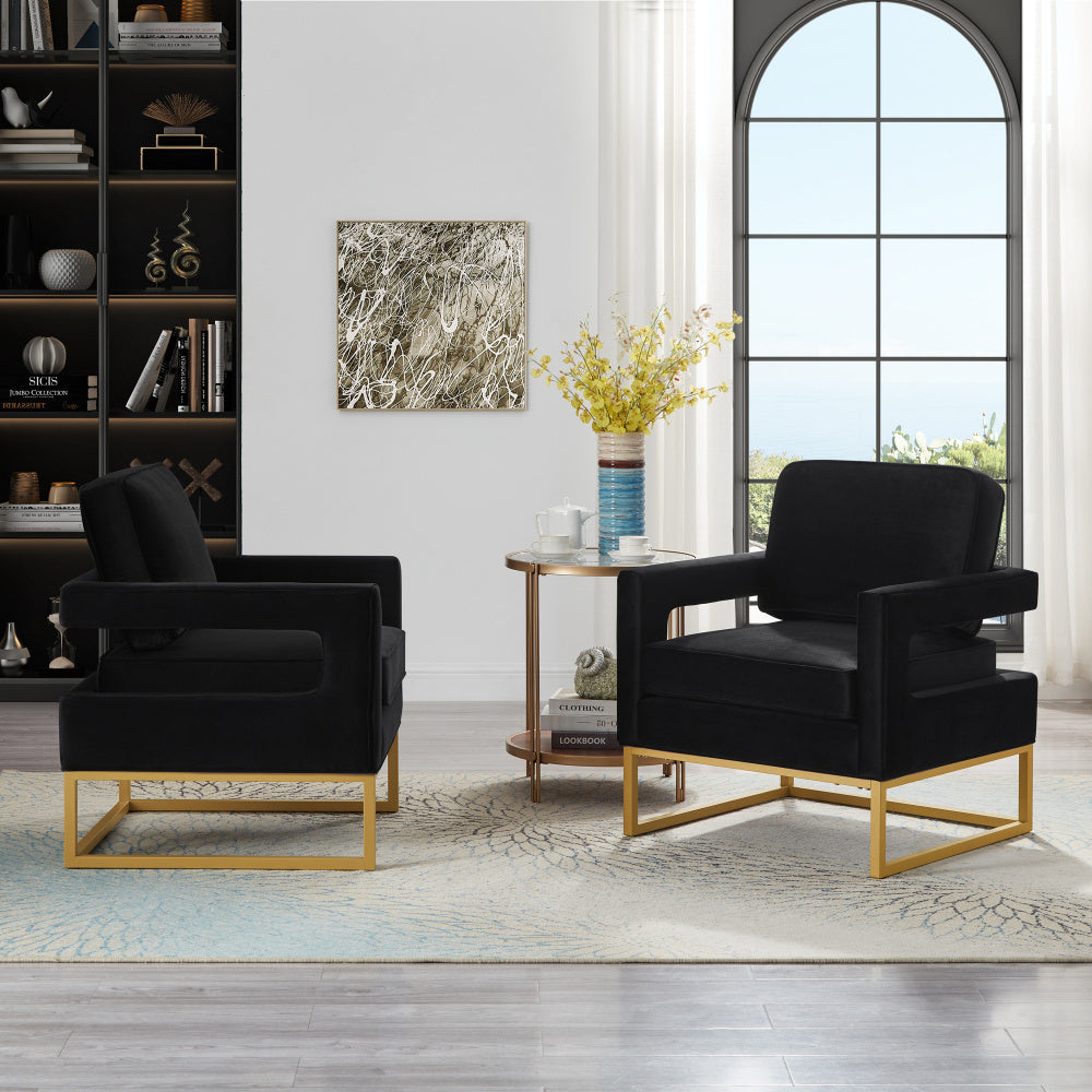 Modern velvet chair with open armrests, gold metal base and wooden frame for living room balcony decoration Black