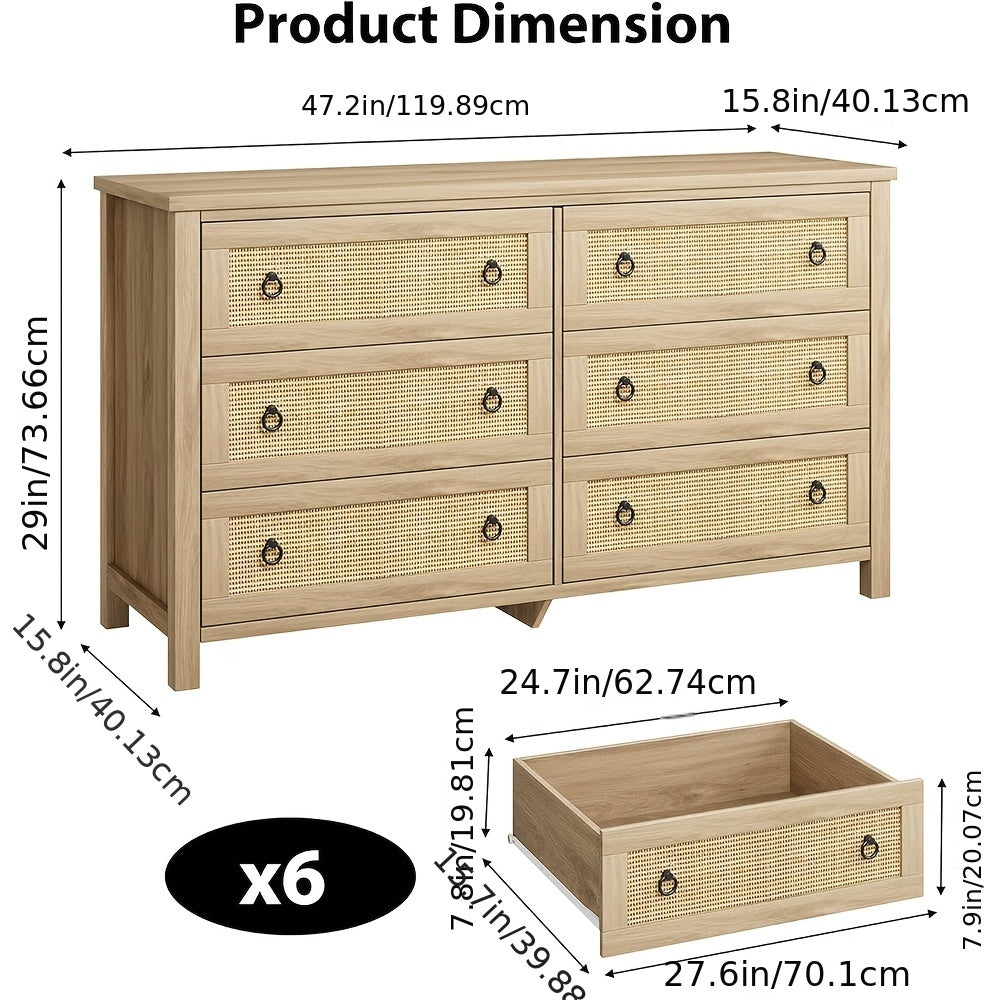 Rattan 6-Drawer Dresser, 47.2" Wide - Boho Chic Natural Wood Finish with Decorative Knobs, Freestanding Storage Chest for Bedroom, Nursery, Living Room - Easy Assembly