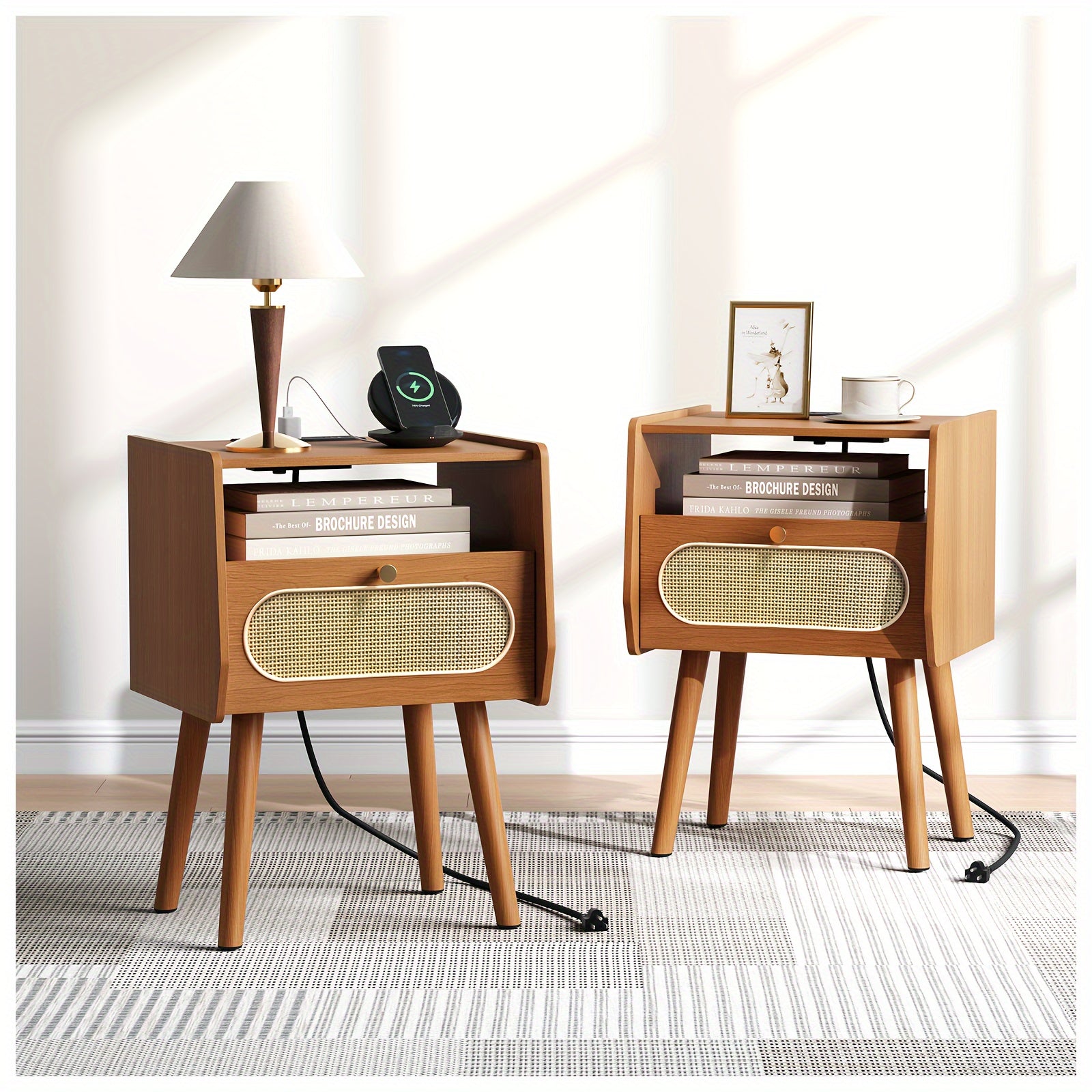 Nightstands Set Of 2 Mid Century Modern Nightstand With Charging Station Rattan Side Table With Drawer End Table