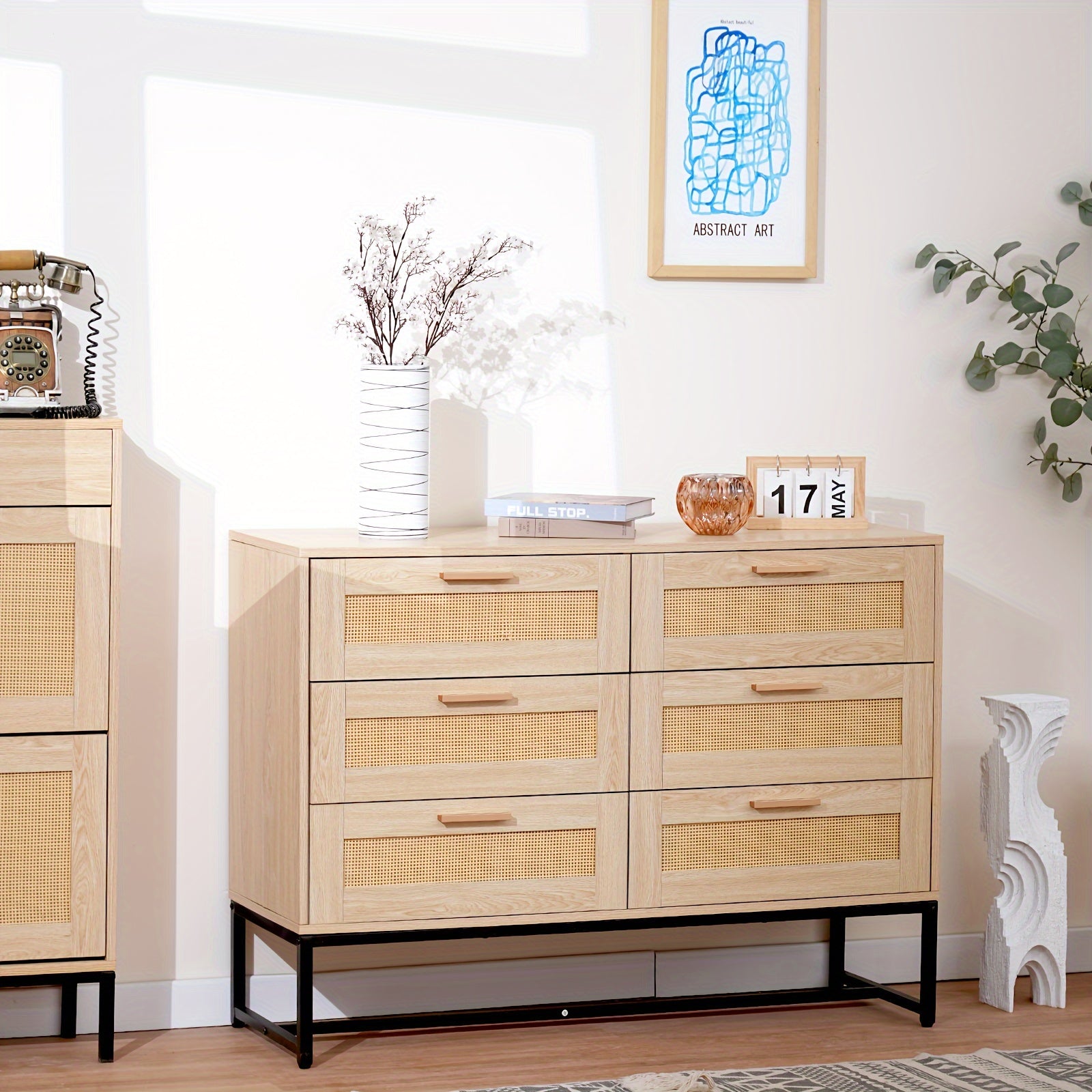 Rattan Dresser 6 Drawer Dresser For Bedroom Mid Century Modern Dresser Natural Rattan Chest Of Drawer Light Wood Dresser Boho Dressers For Entryway, Bedroom, Living Room, Hallway, 43.4'*31.5'*15'