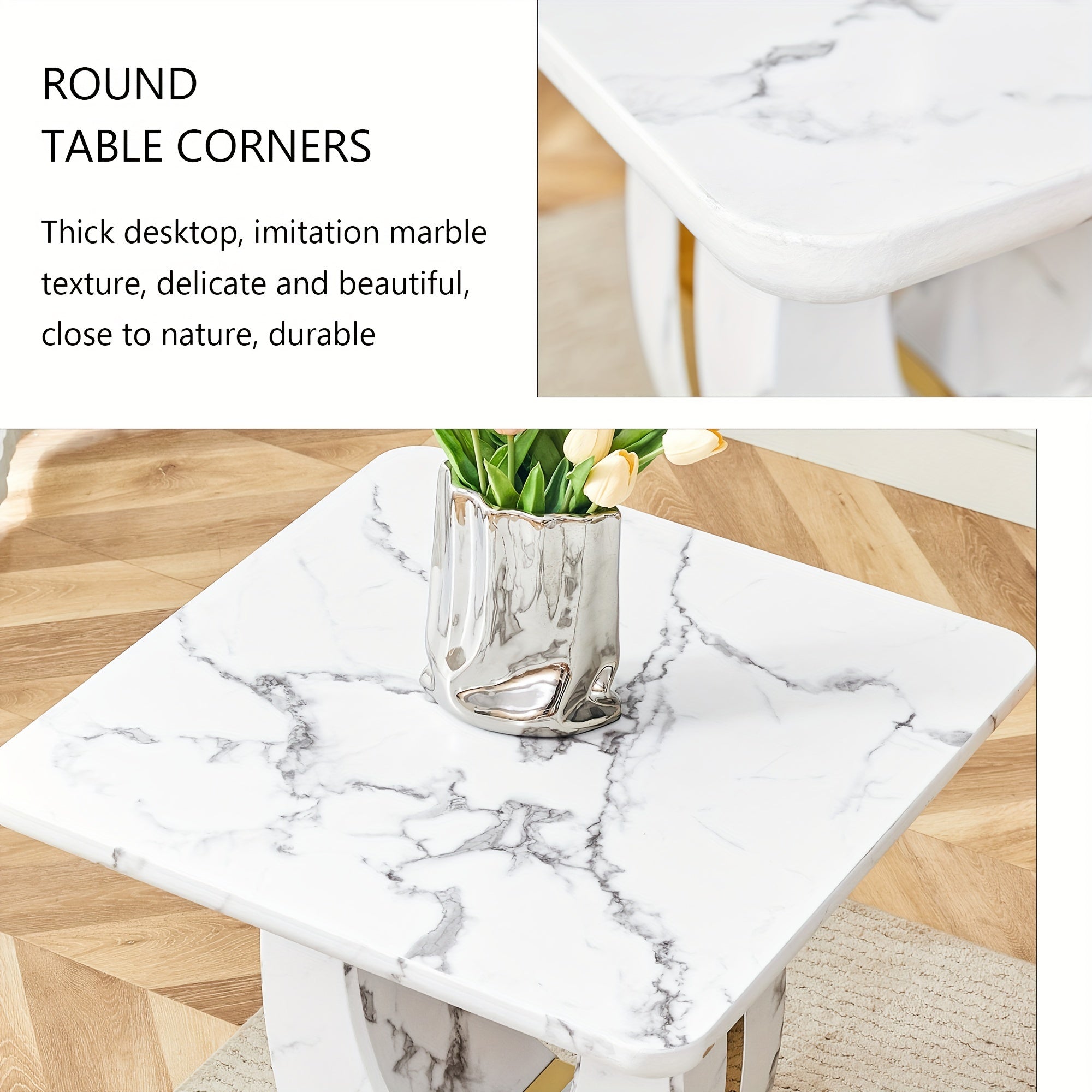 Modern Faux Marble Pattern Side Table with Golden Accents 23.6’’ Square Top Adjustable Foot Pads And Sturdy Base