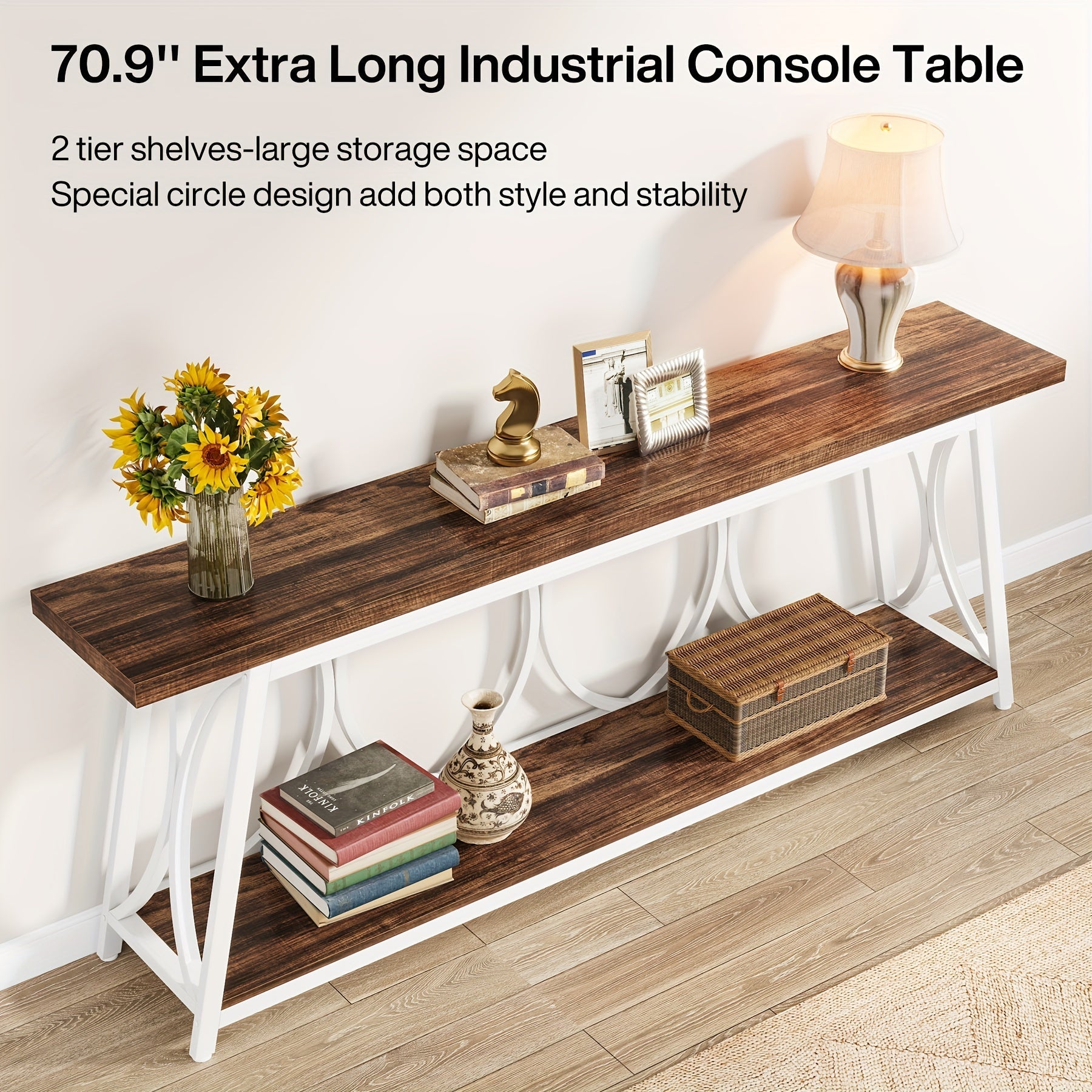 70.9 inch Extra Long Console Table, Industrial Sofa Table Behind Couch with 2 Tier Storage Shelf, Narrow Entryway Hallway Accent Table for Living Room