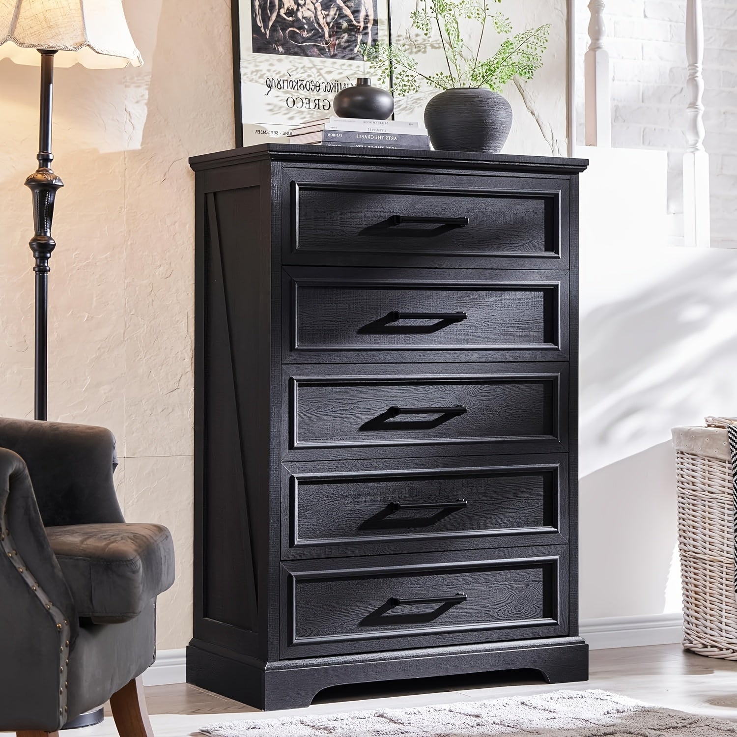 Rustic 5-Drawer Wooden Dresser Chest 117cm Tall with Wide Metal Handles Natural Texture Finish Ideal for Bedroom Living