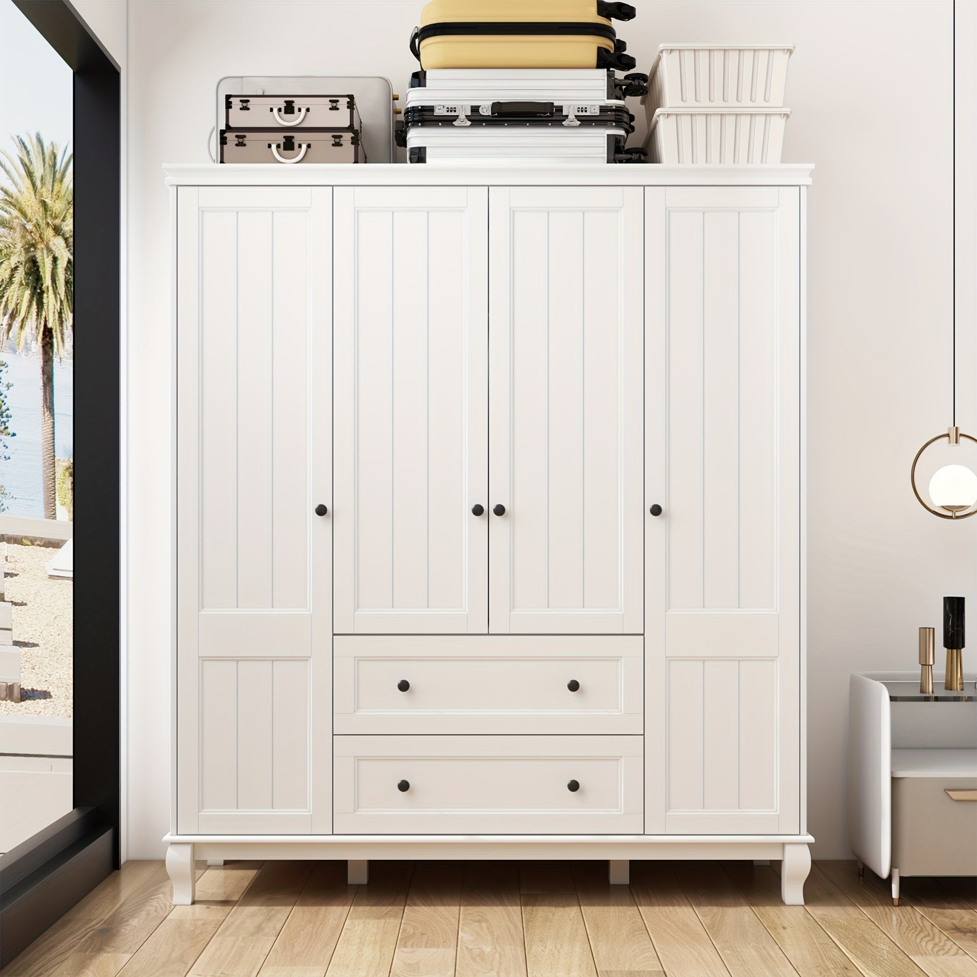 Spacious Modern White Wooden Wardrobe Armoire with 4 Doors & 2 Drawers - Elegant Storage Solution for Bedroom, Features Hanging Rods & Decorative Top Space, Durable MDF Construction