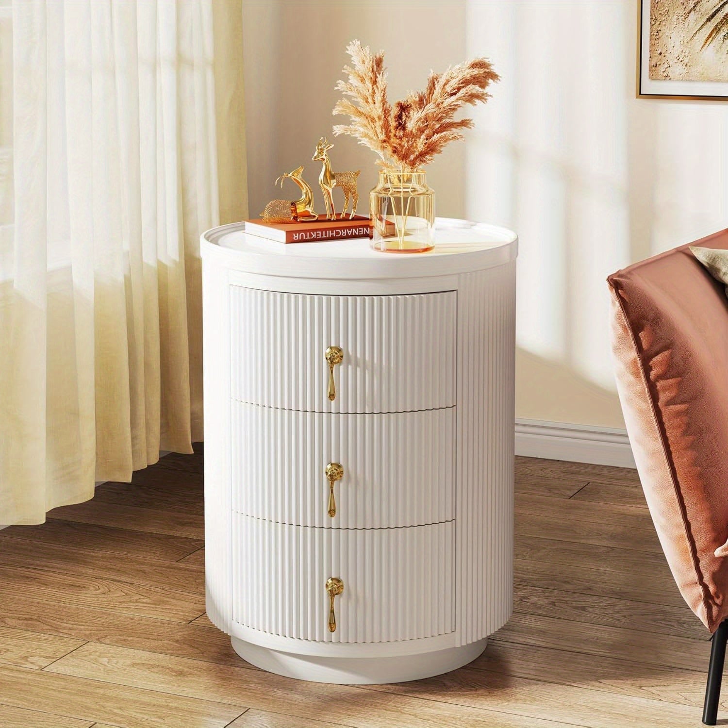 No Assembly Nightstand with 3 Drawers, Modern Round Bedside Table Night Stand for Bedroom, End Table Side Table with Storage and Gold Handles, White