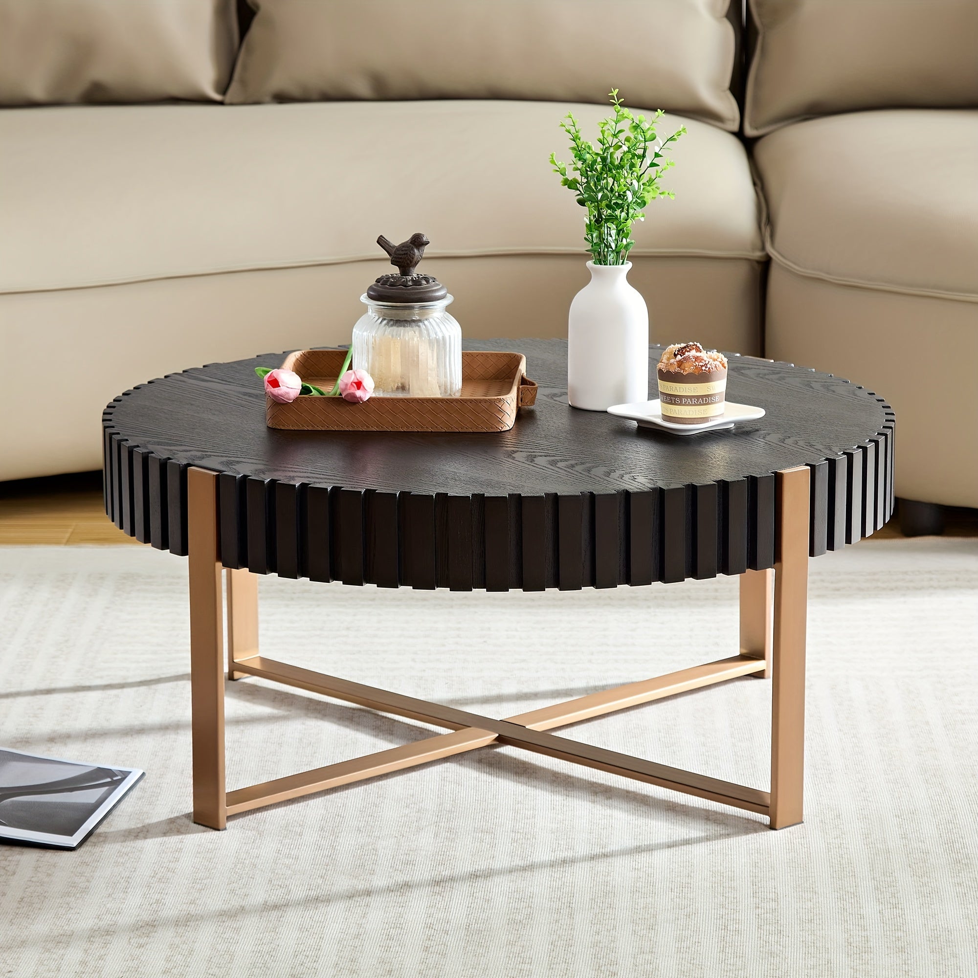 Modern Handcraft Drum Coffee Table 31.5 Inch Round Coffee Table For Living Room, Small Coffee Table With Sturdy Pedestal, Black