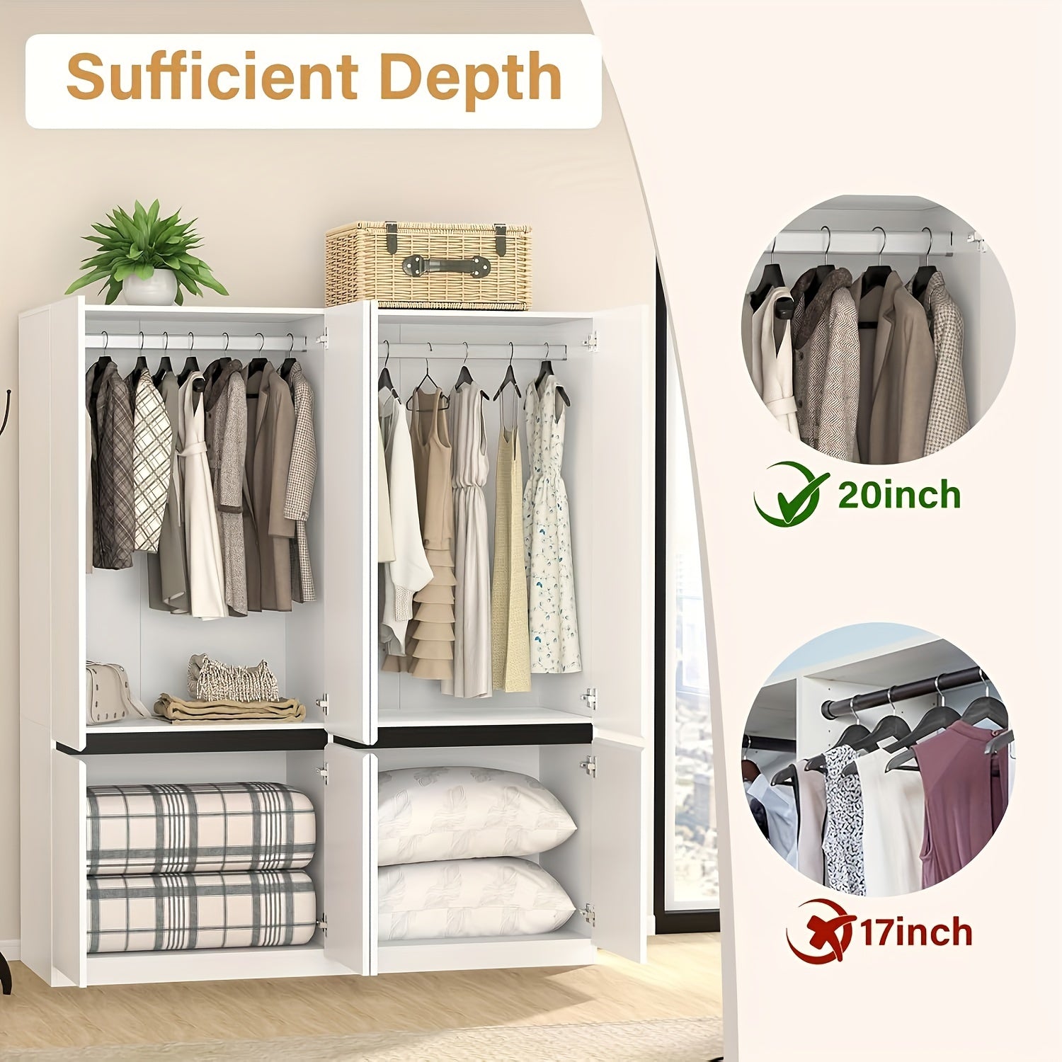 74’’H Wooden Armoire Wardrobe Closet - 4 Doors Closet Cabinet With Hanging Rod & Shelf For Bedroom Storage - White