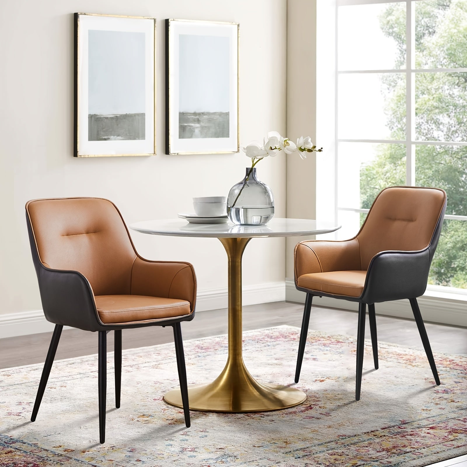 Set of 2 Vintage Upholstered Dining Chairs Faux Leather Padded Armchairs with Solid Back Metal Frame & Legs Wipe Clean