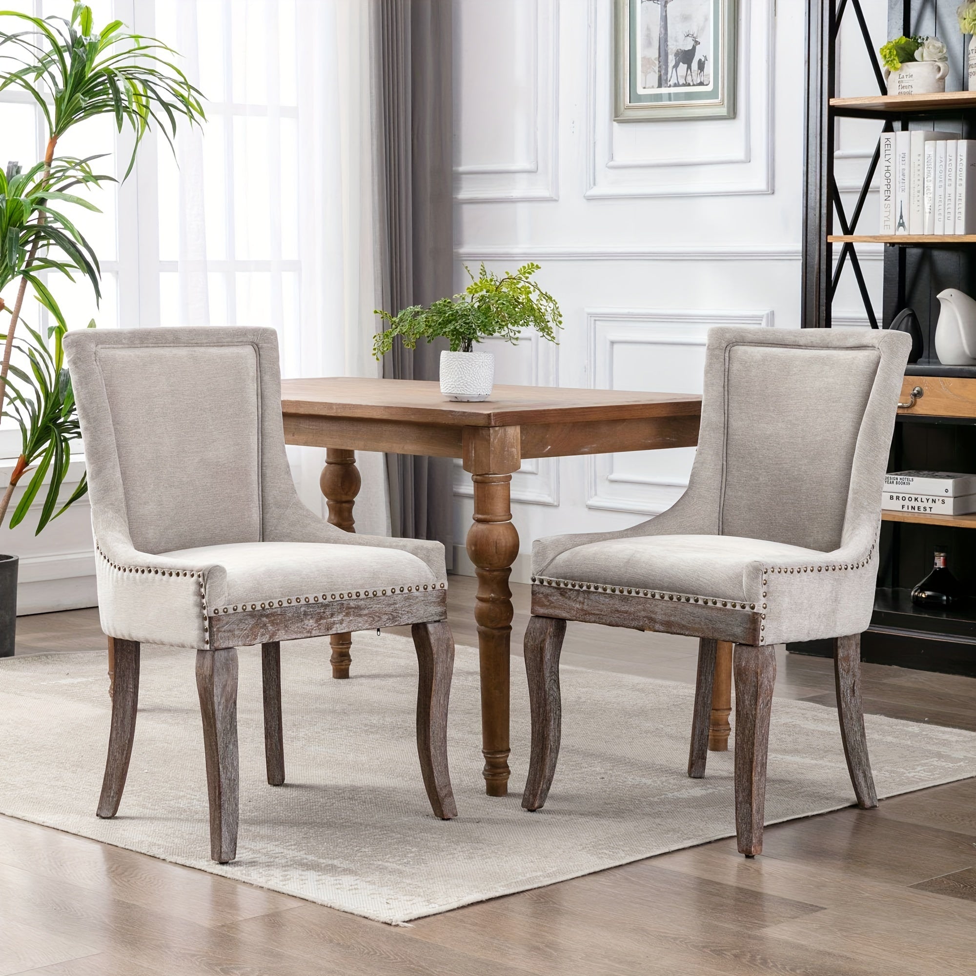 Set of 2 Modern Dining Chairs with Bronze Nailhead, Upholstered Accent Side Leisure Chairs with High-end Back and Wood Legs for Living Room/Dining Room/Bedroom/Guest Room