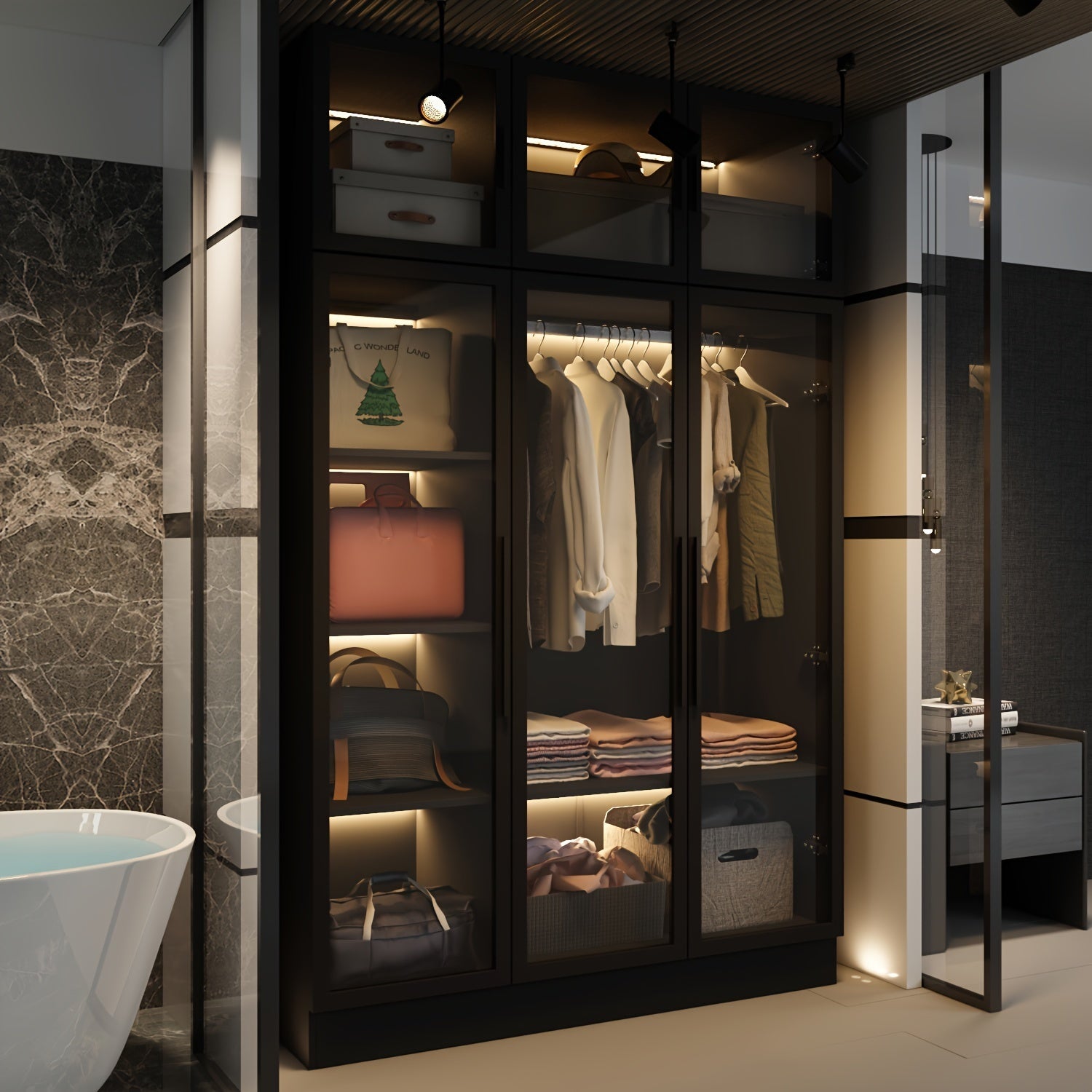 Three Door Armoire LED Light All Glass Door Closet Cabinet Wardrobe - Black - Wardrobe & Armoire’s Westberry Furniture