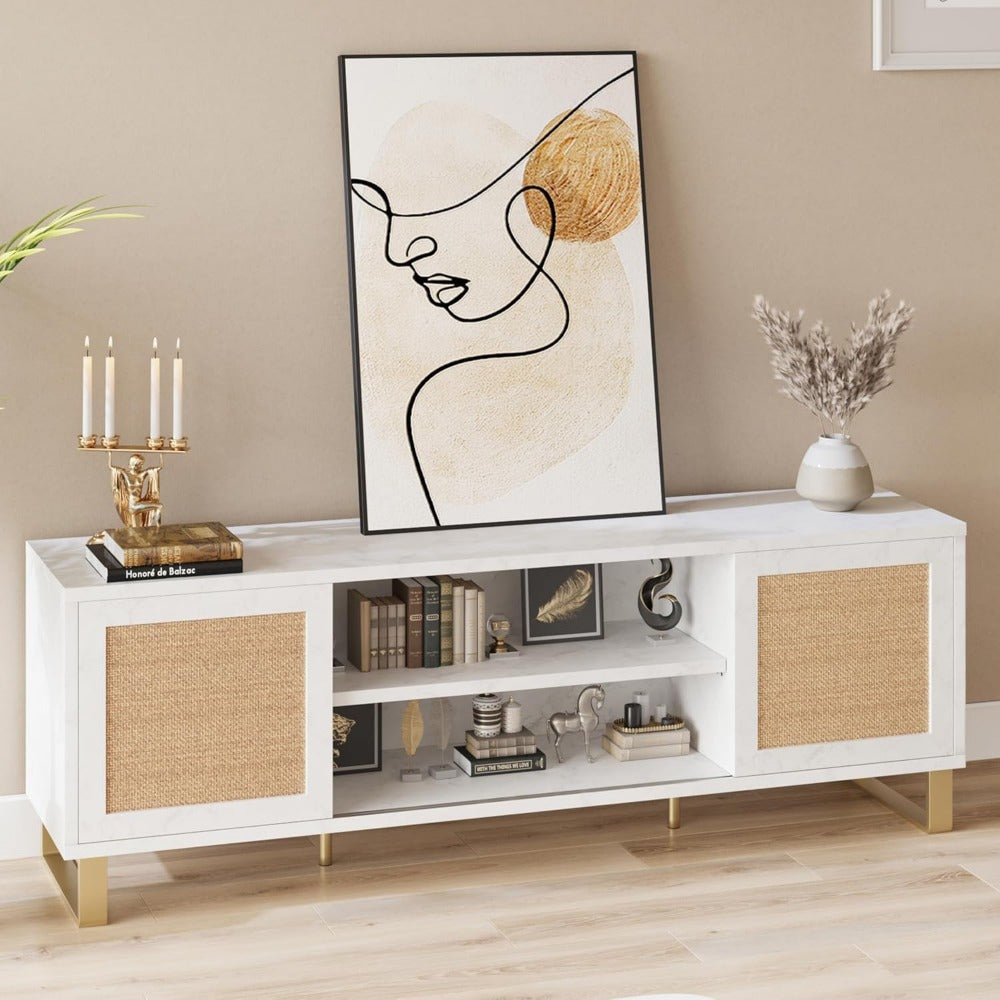 65" TV Cabinet, Rattan Entertainment Center Modern TV Console Table White TV Cabinet with Storage, Doors and Shelves, Easy To Assemble, Low TV Console Media Cabinet Furniture for Living Room Bedroom