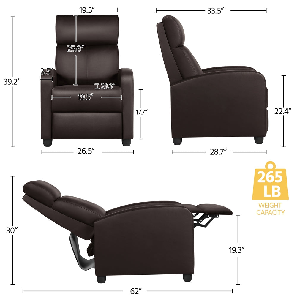 Recliner Chair PU Leather Recliner Sofa Adjustable Modern Single Reclining Chair Upholstered Sofa with Pocket Springs For Living Room Bedroom Home Theater