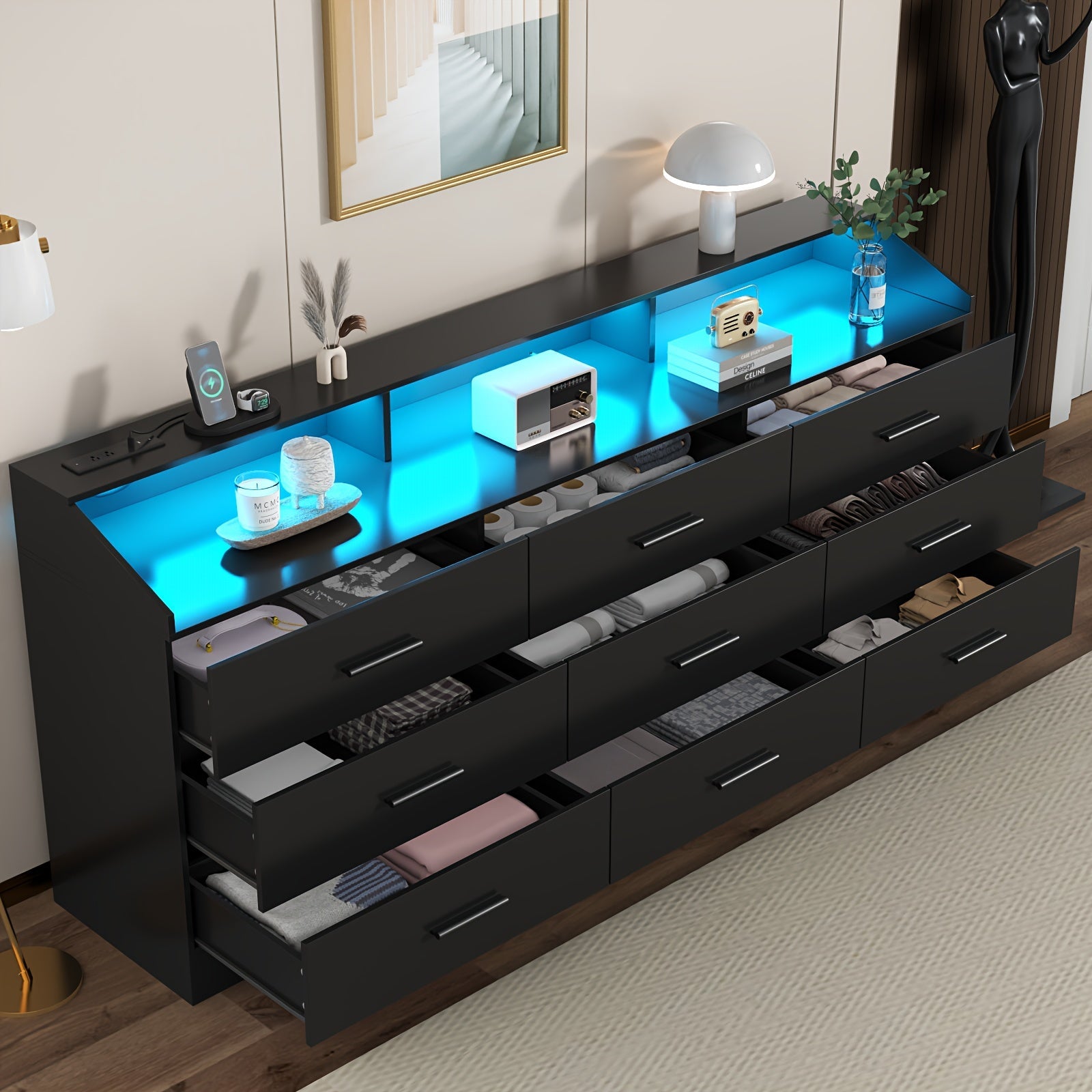 White/ Black Dresser For Bedroom 9 Drawers Dresser With Power Outlet Chest Of Drawers For Closet Modern Dresser