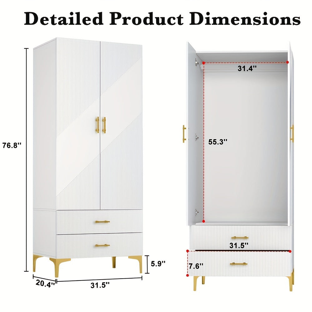 Wood White Wardrobe Closet With Drawers: 2 Doors - 2 Drawers And Armoire With Hanging 1 Rod - Cabinet Handle With Metal