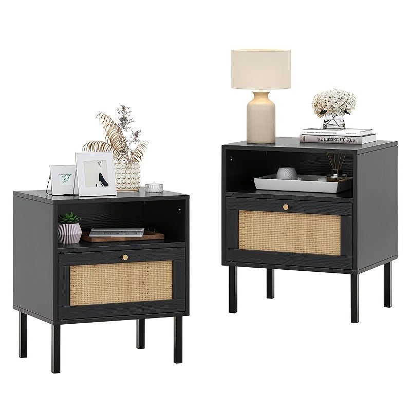 2pcs Rattan Nightstand Set Bedside Table with Open Shelf And Door Boho End Table (Set Of 2) - Nightstand Westberry