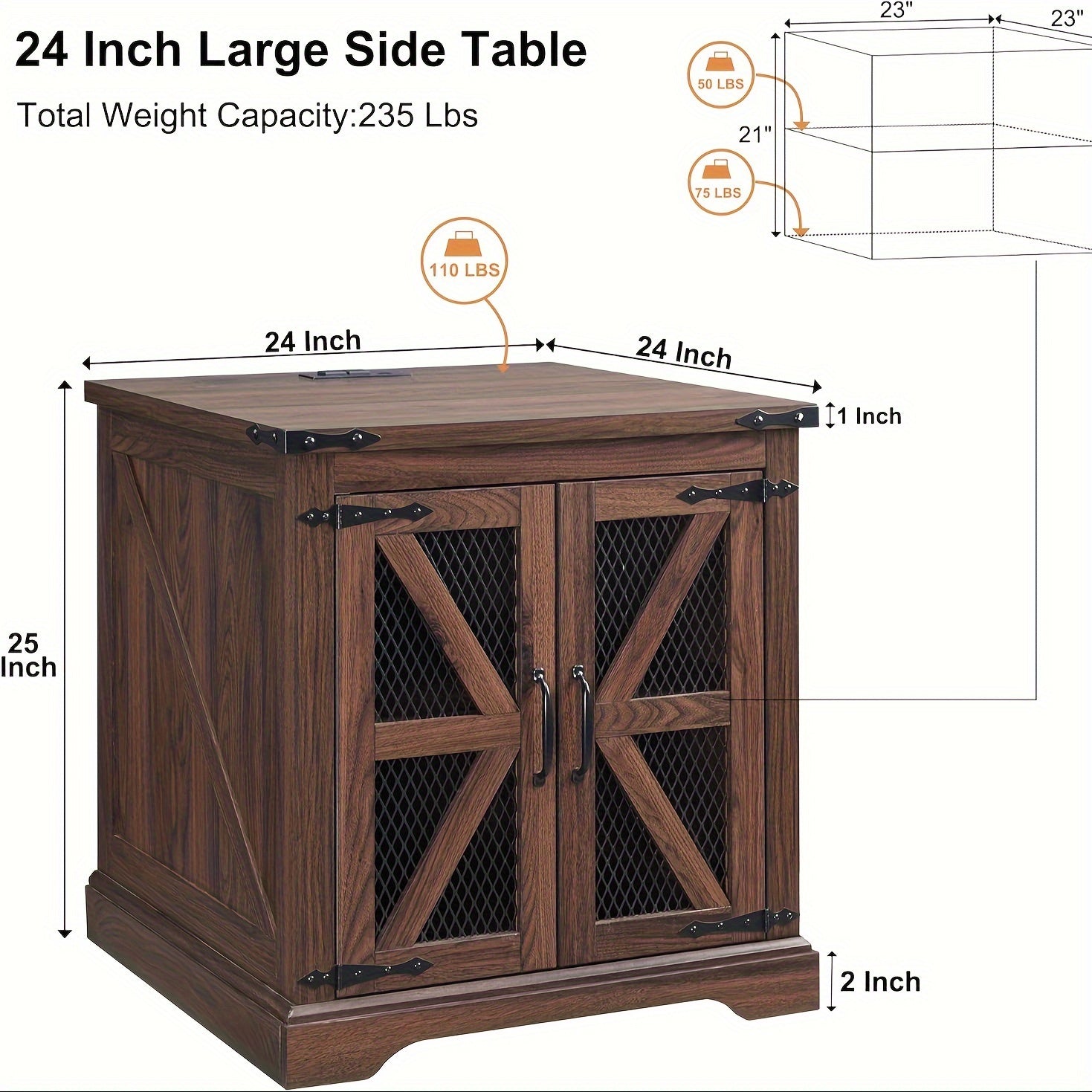 Farmhouse End Table, 24" Large Sofa Side Table With Charging Station, Mesh Barn Door, And Adjustable Storage Shelf, Rustic Wood Square Nightstand For Living Room, Bedroom, Office