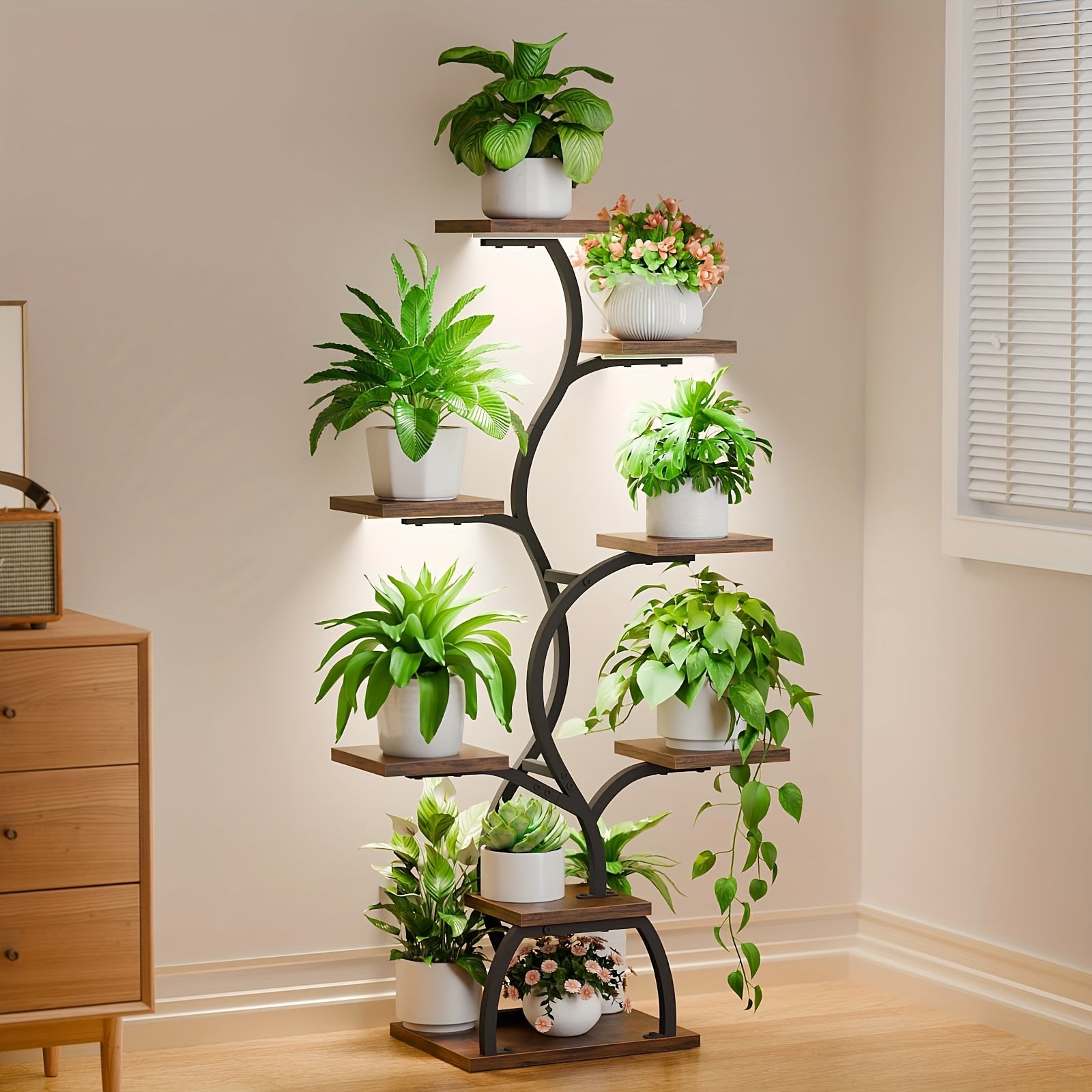 Plant Stand Indoor with Grow Light - 8 Tiered Plant Shelf Indoor, Corner Plant Stand, Metal Corner Shelves, 45" Tall Plant Shelf with Grow Light, Multi Functional Display Stand with Thickened Wooden Boards, Small Plant Stand