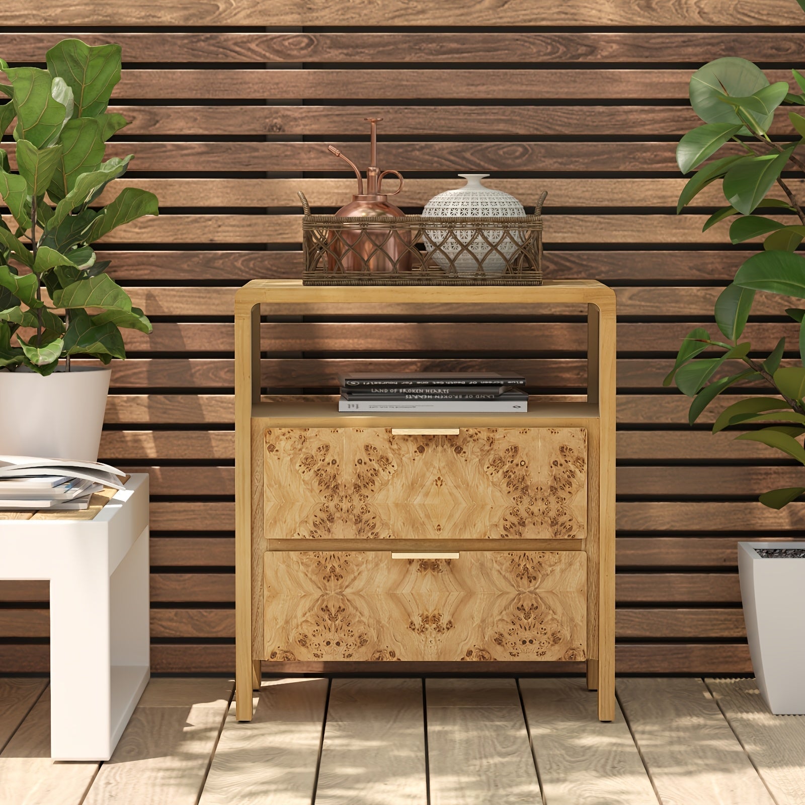 Rustic Farmhouse Wooden Side Table with 2 Drawers, Open Shelf, and Burl Finish - Natural Wood Construction, Leg Base, Wood Top Material, Wood Decor