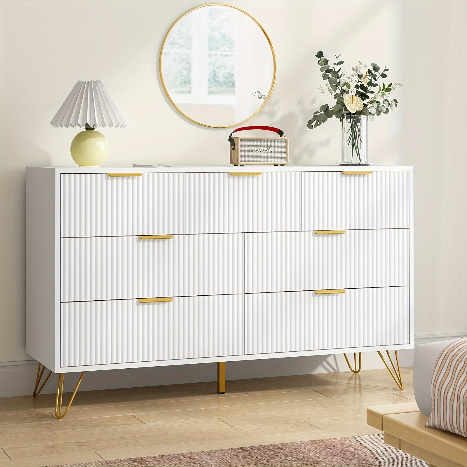 Modern Fluted Wood Dresser with Golden Handle 7 Drawers - White Storage Organizer for Bedroom Living Room Hallway