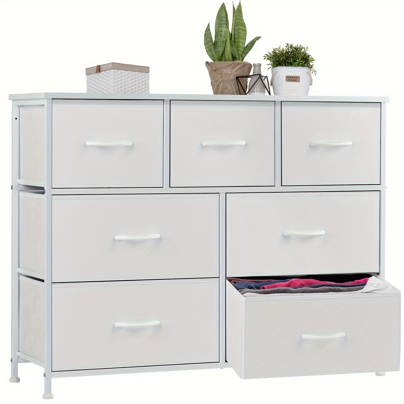 Dresser for Bedroom with 7 Fabric Drawers, Wide Chest Organizer Units for Clothing, Closet, Storage Tower with Cabinet, Metal Frame, Wooden Top, Lightweight Nursery Furniture Storage Drawer Units