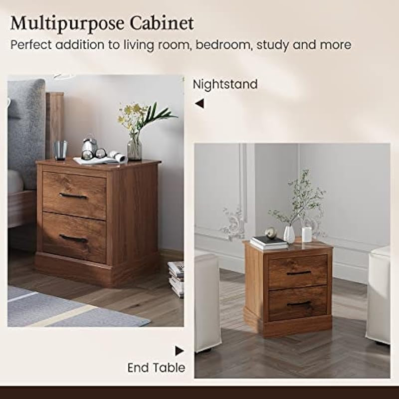 Farmhouse Nightstand Wood Bedside Table Storage Drawers Compact Floor Night Stand End Table Walnut Accent Sofa Side Table for Bedroom