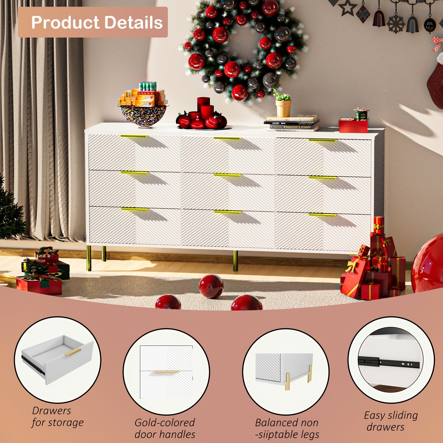 Modern White and Golden Bedroom Dresser with 9 Drawers Metal Feet and Golden Pulls - Hardwood Fiberboard Storage
