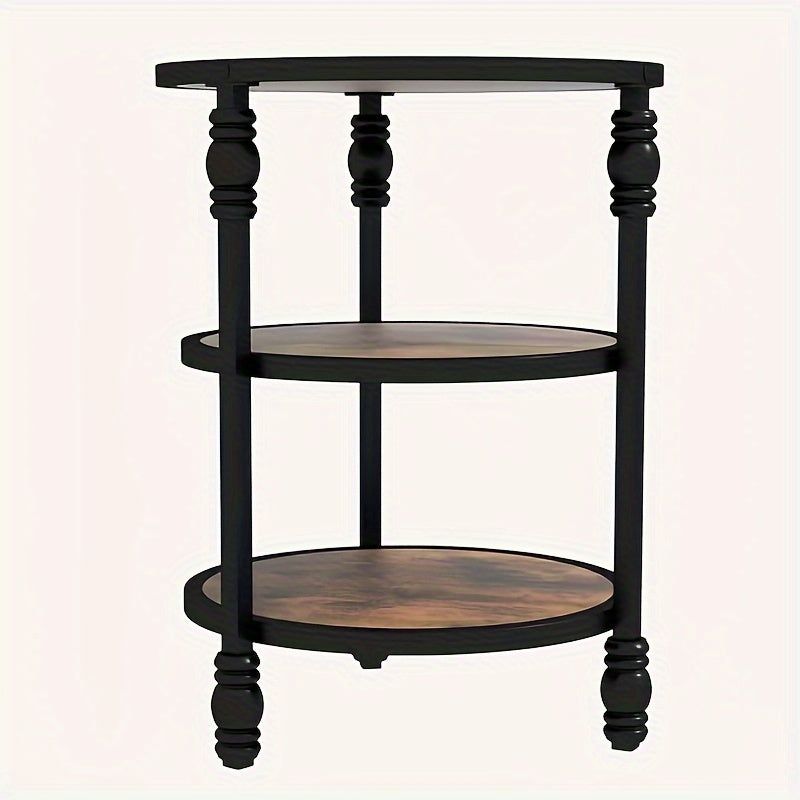 3-Tier Round Side Table, Wood Bed Side Table/ Night Stand with Storage Shelf for Bedroom, Living Room, Rustic Brown