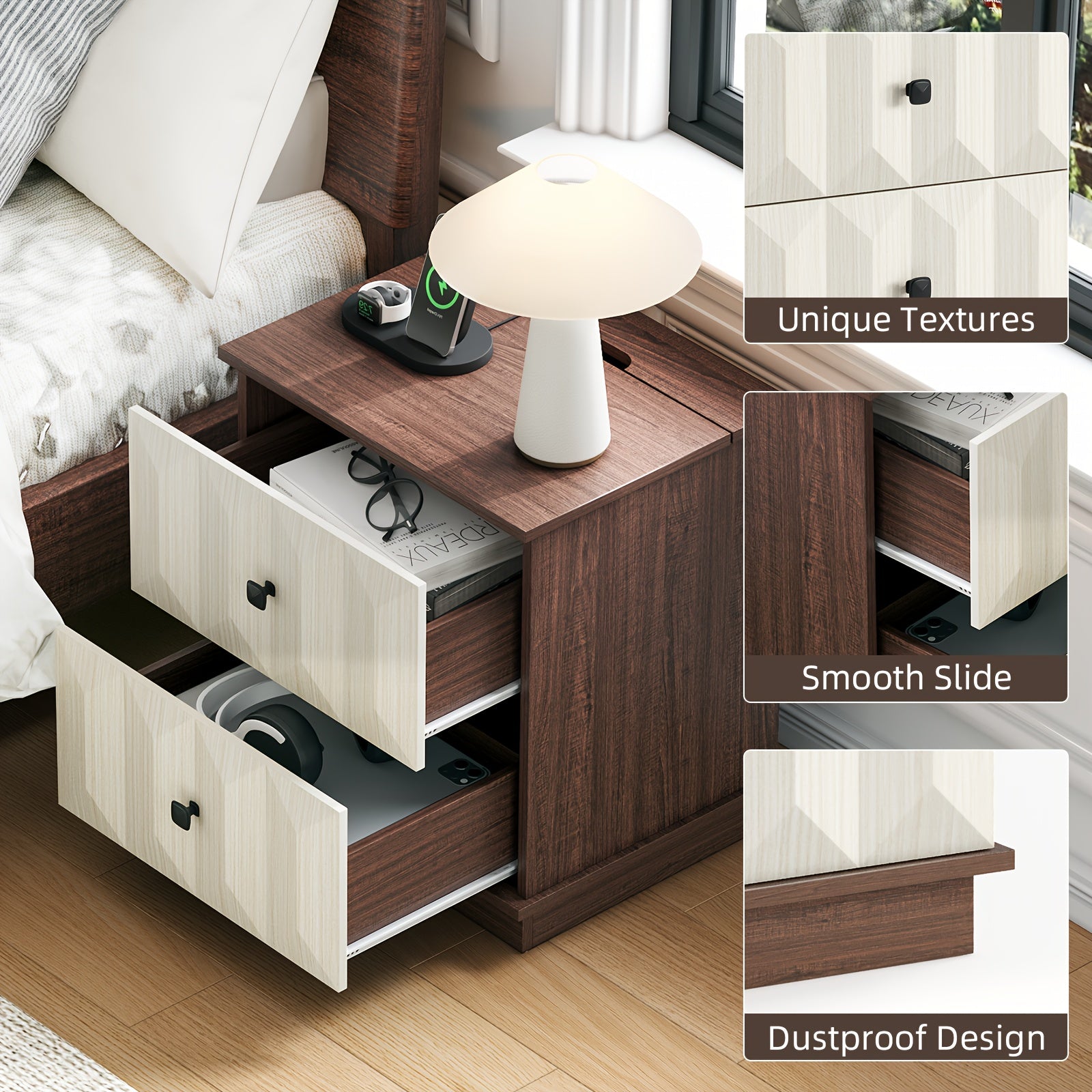 Modern Farmhouse Nightstand With Charging Station, Bed Side Table With 2 Drawers, End Tables Living Room, 19" Large Nightstand Wood For Bedroom