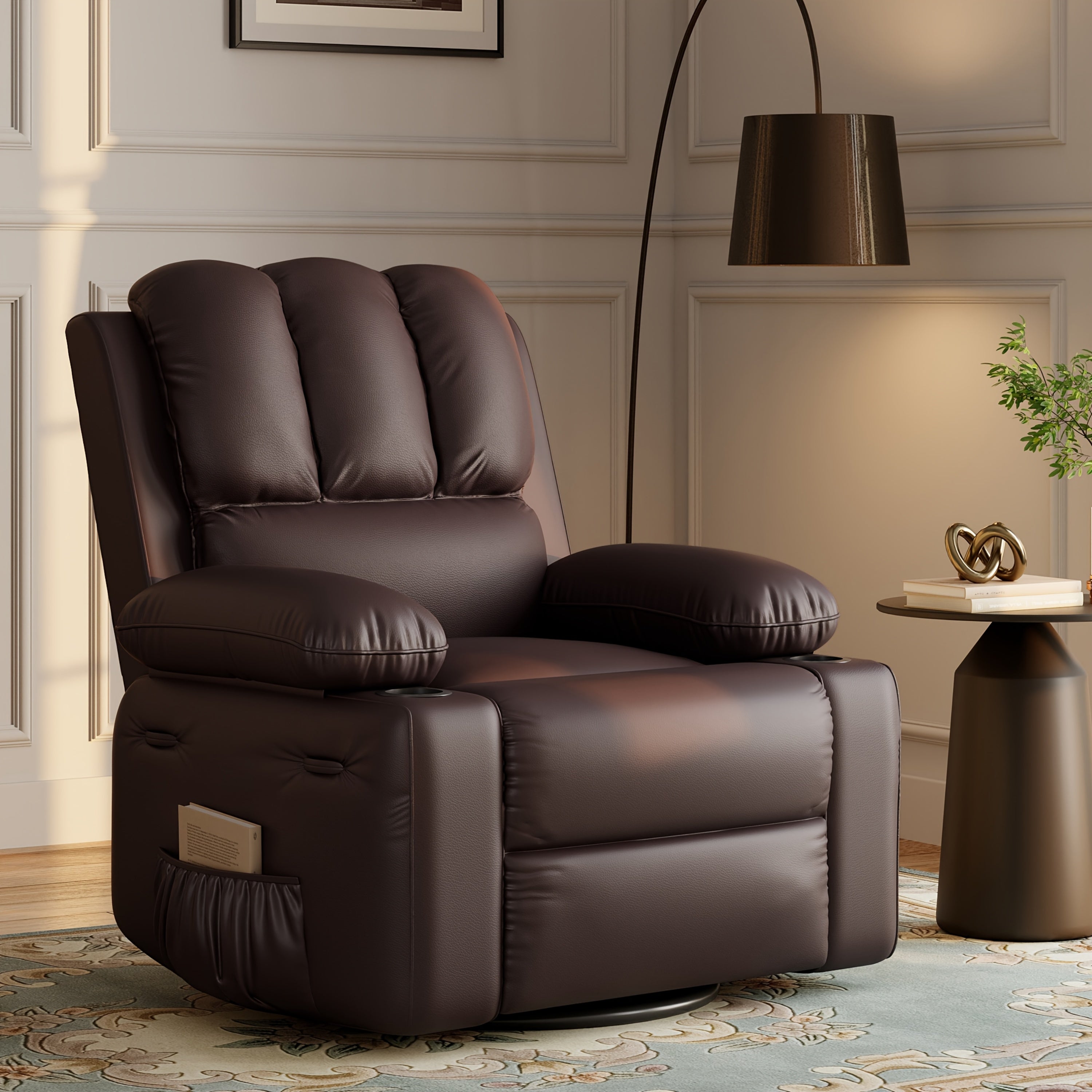 22'' Vintage Faux Leather Swivel Recliner Chair with 360° Rocking, Side Pockets & Cup Holders - Perfect for Living Room Comfort