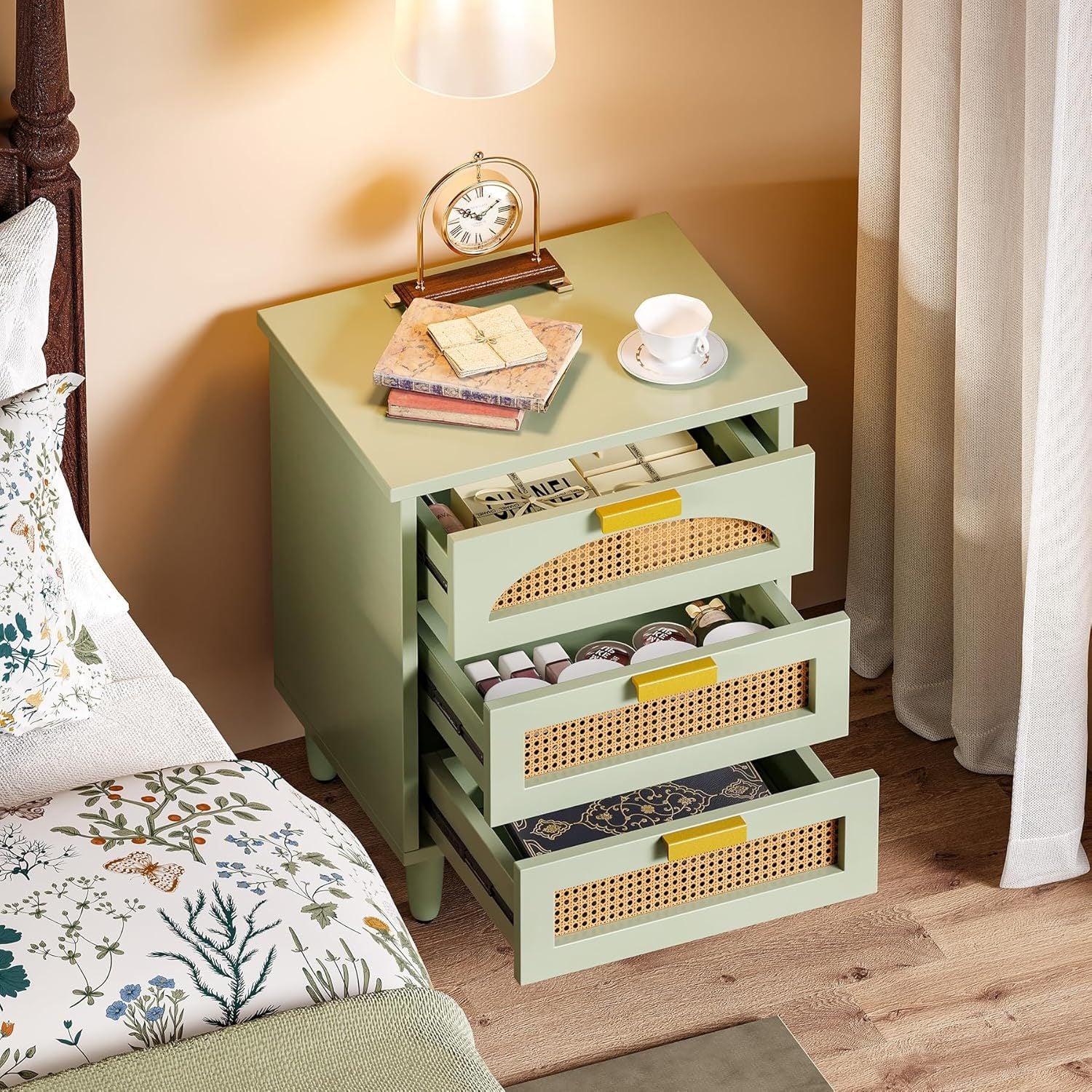 Mint Green Rattan Nightstand with 3 Drawers - Modern Wooden End Table for Living Room and Bedroom Hardwood Storage