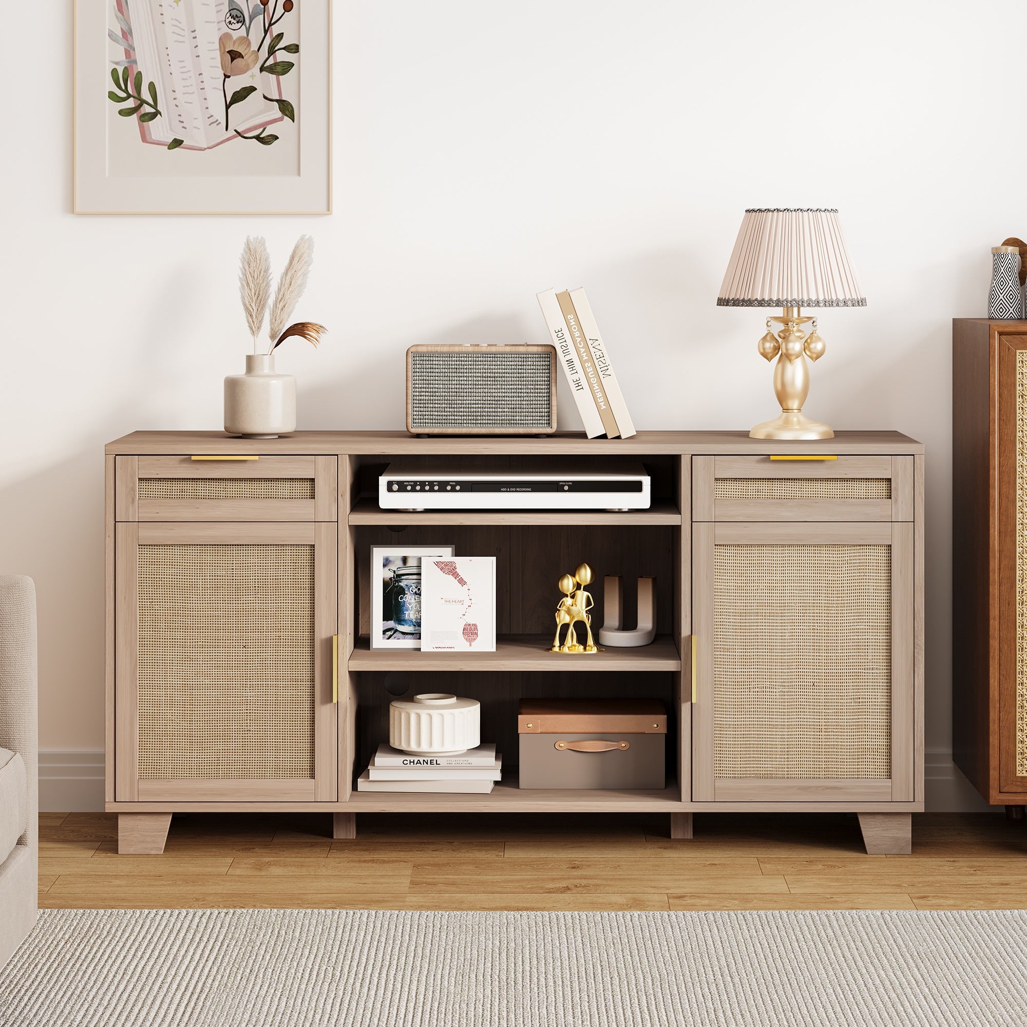 Boho TV Stand for 55- 65 Inch Tvs, Featuring a 58" Rattan Console with Mid- Century Modern Design. Includes 2 Drawers And an Adjustable Shelf for Storage