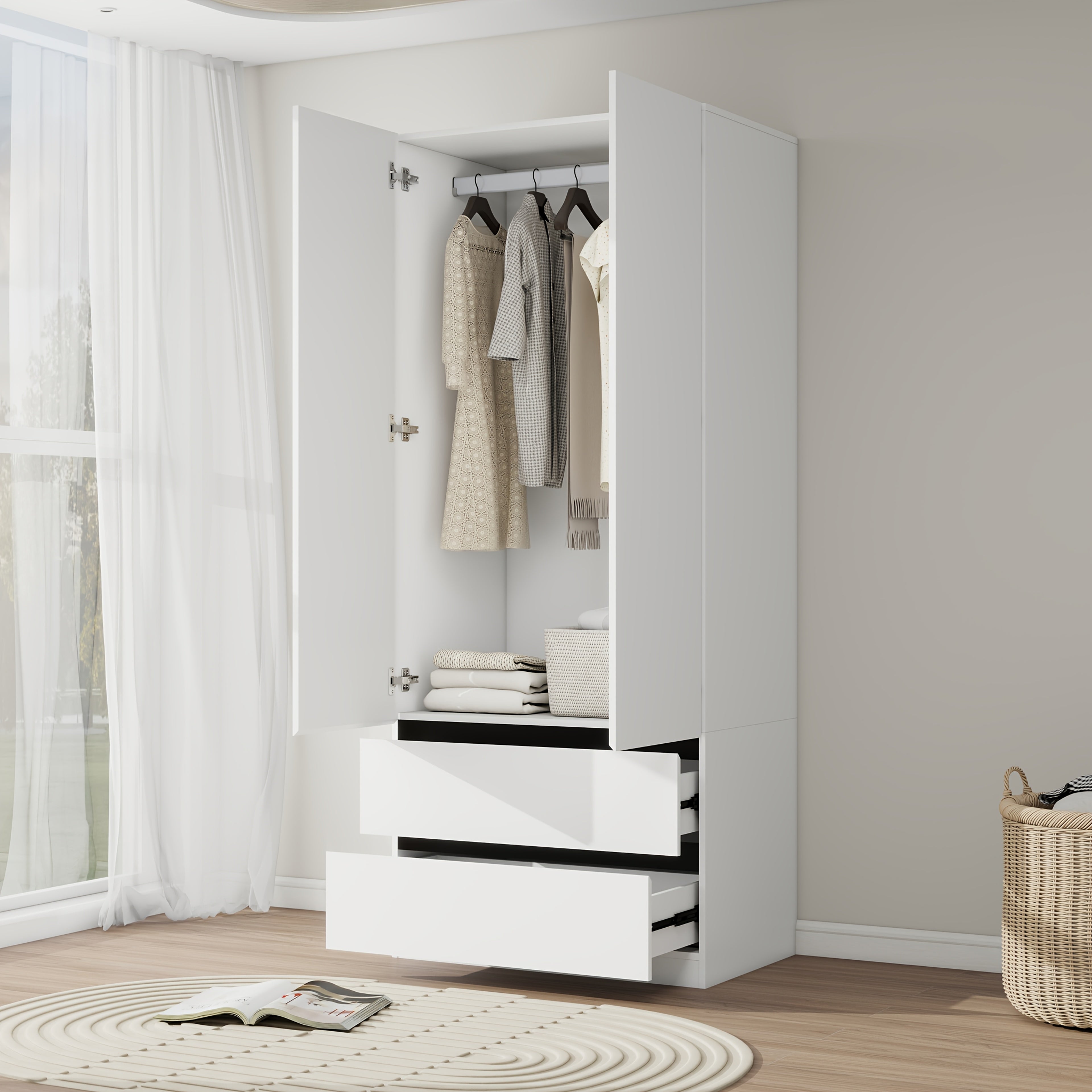 Bedroom Wardrobe with 2 Doors, 75 Inch White Wooden Wardrobe with 2 Drawers, Modern Large Wardrobe, Clothes Hanging Wardrobe