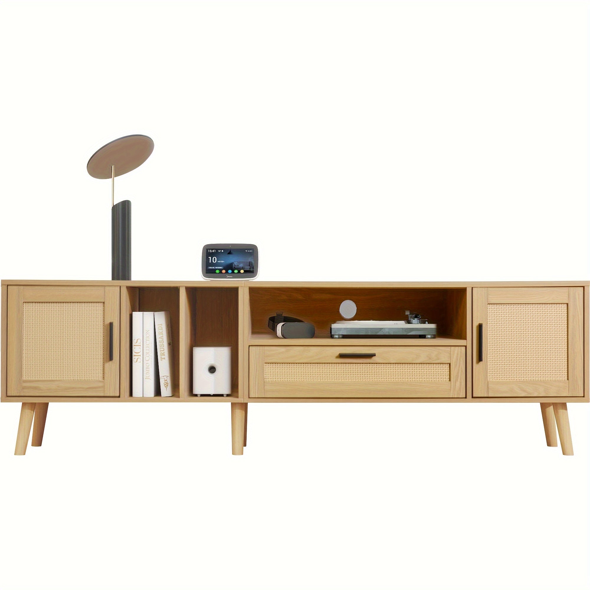 Modern Rattan TV Stand for 80'' TV with 2 Cabinets & 2 Open Shelves, Rattan-Style Media Console with Solid Wood Legs, Entertainment Center for Living Room, Bedroom, Home Theater