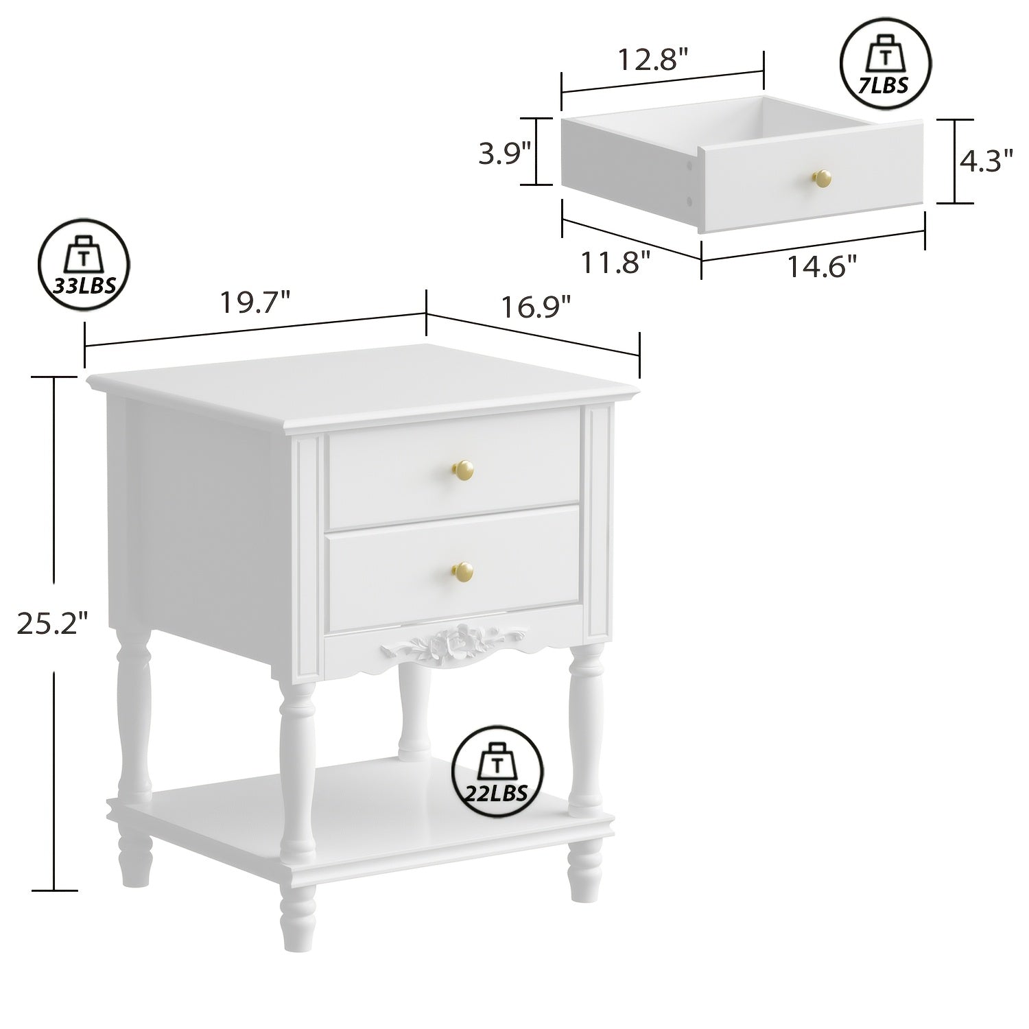 Elegant White Wooden Nightstand with Ergonomic Storage - 19.7" W x 16.9" D x 25.2" H, Open Shelving & Drawers for Living Room and Bedroom Organization, Sideboard, End Table