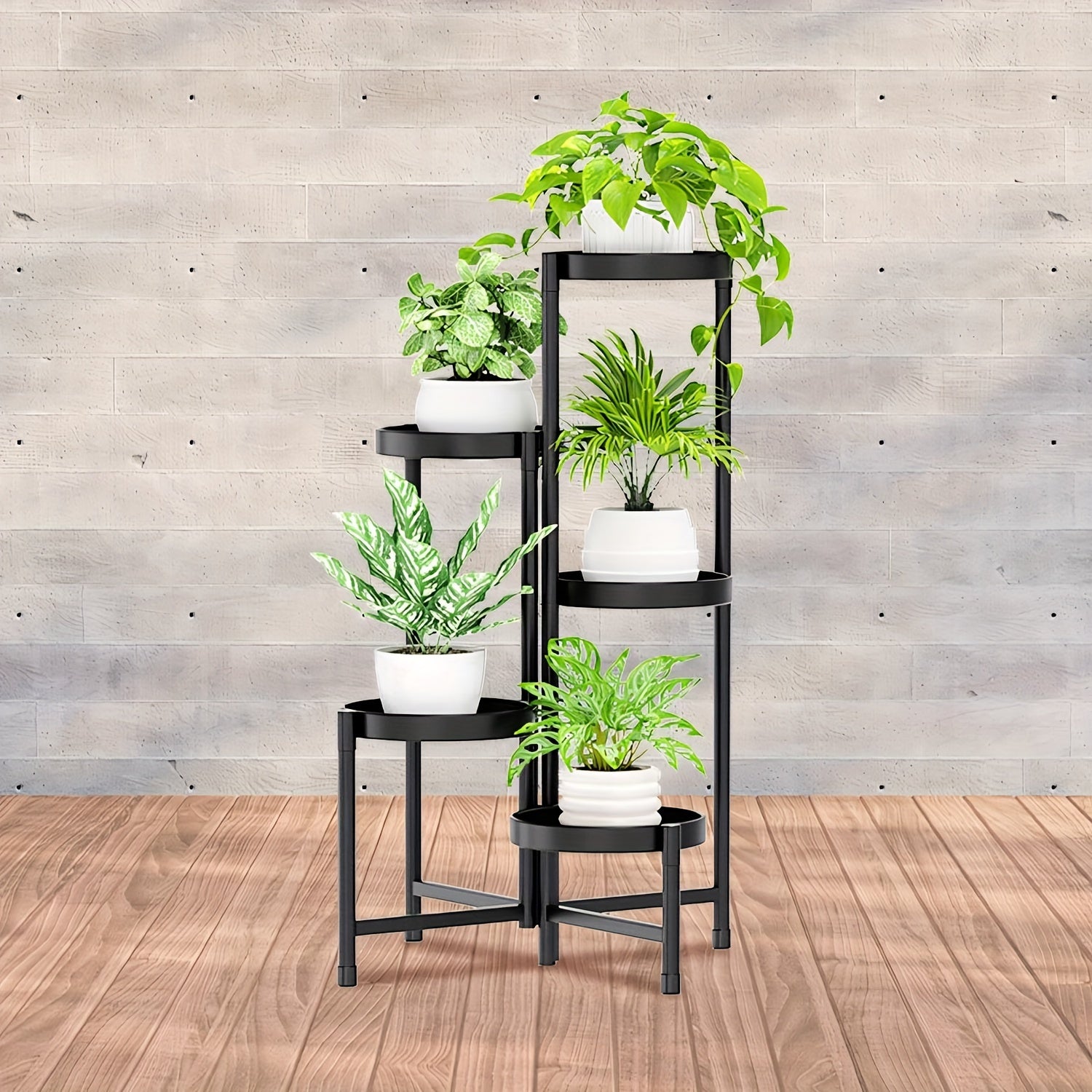 1pc 5-layer Circular Iron Flower Rack, 5 Tier Metal Plant Stand For Indoor Outdoor, Foldable Corner Tall Plant Shelf For Multiple Plants, Flower Pot Holder Display Stand For Living Room Balcony Garden Patio Black