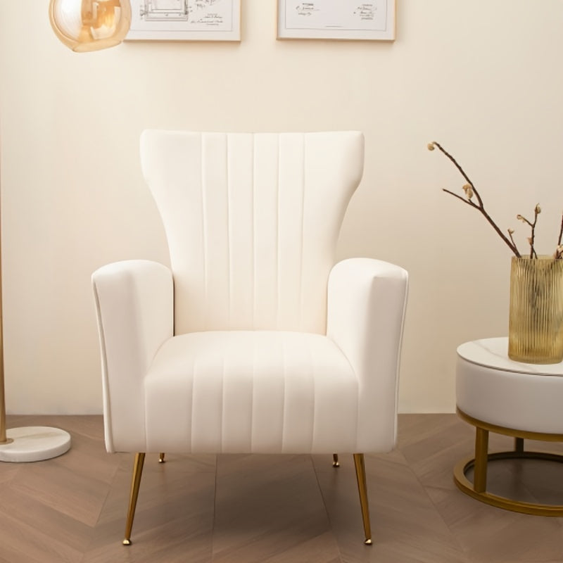 Velvet Accent Chair, Wingback Arm Chair With Golden Legs, Upholstered Single Sofa For Living Room Bedroom, White