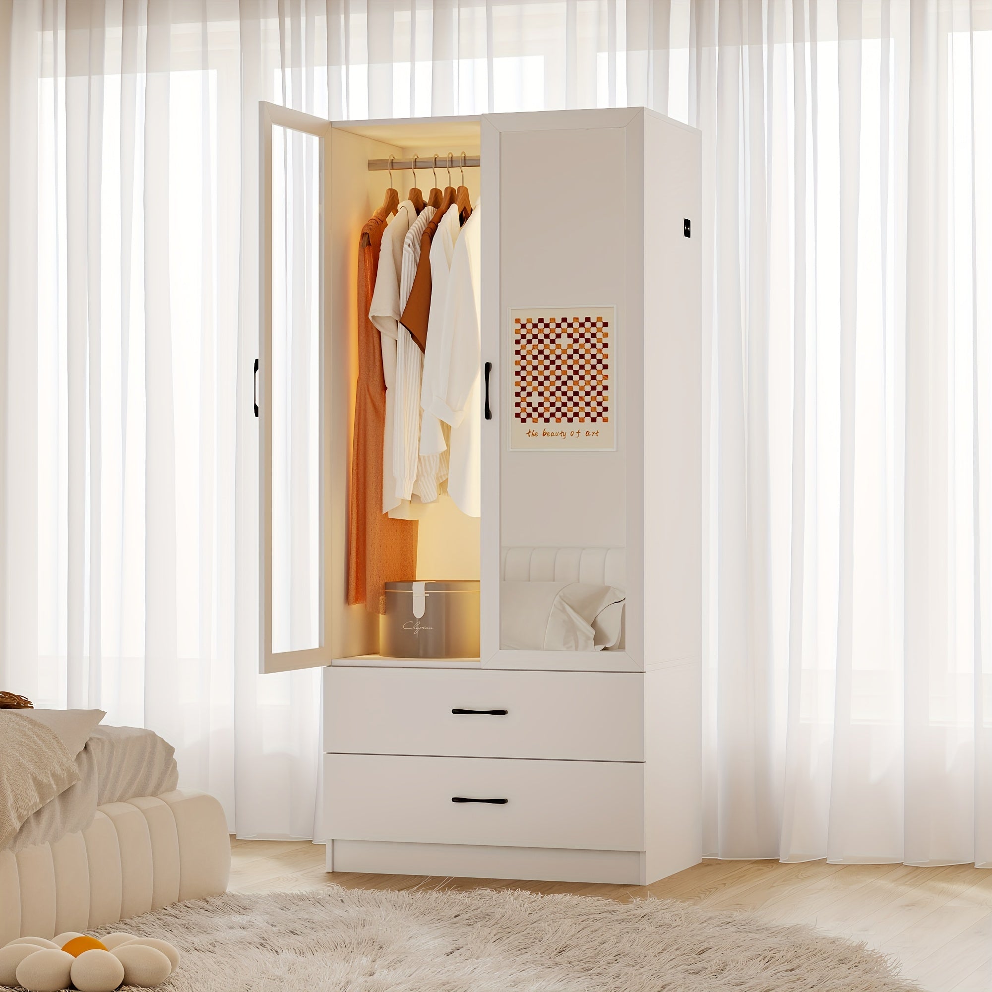 71" Elegant White Bedroom Armoire Wardrobe with Mirror - Dual-Door LED Closet Featuring 3-Color Dimmable Lighting, Hanging Rod, Adjustable Shelves & 2 Drawers for Ample Storage