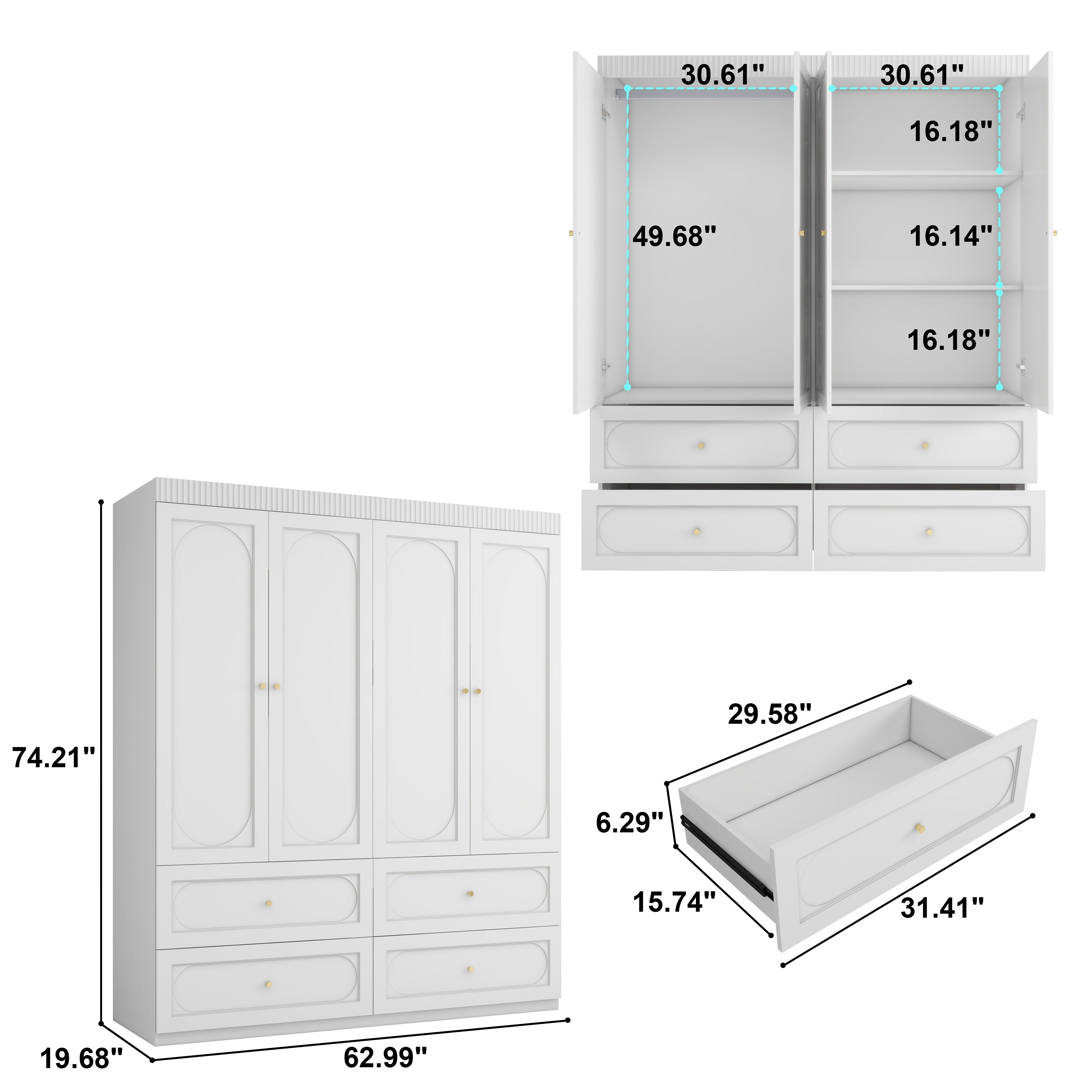 Bedroom Armoire Wardrobe Closet With 4 Drawers, 74" White Wood Closet For Hanging Clothes, Cabinet For Clothes With 4 Doors, Large Wardrobe Closet With Shelves