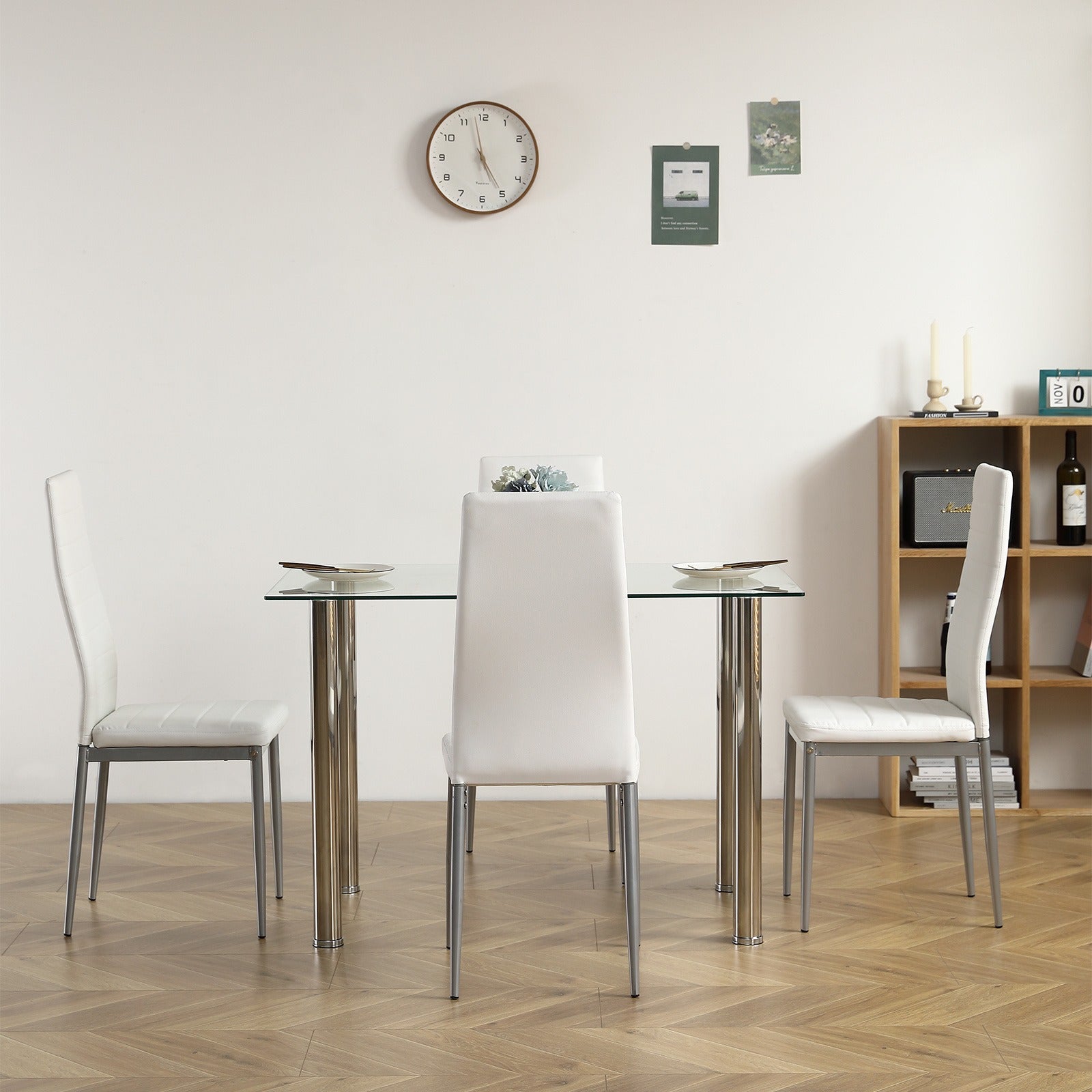 Modern Dining Table Set with 1 Glass Dining Table and 4 Leather Chairs 5pcs Dining Table Set for Kitchen & Breakfast
