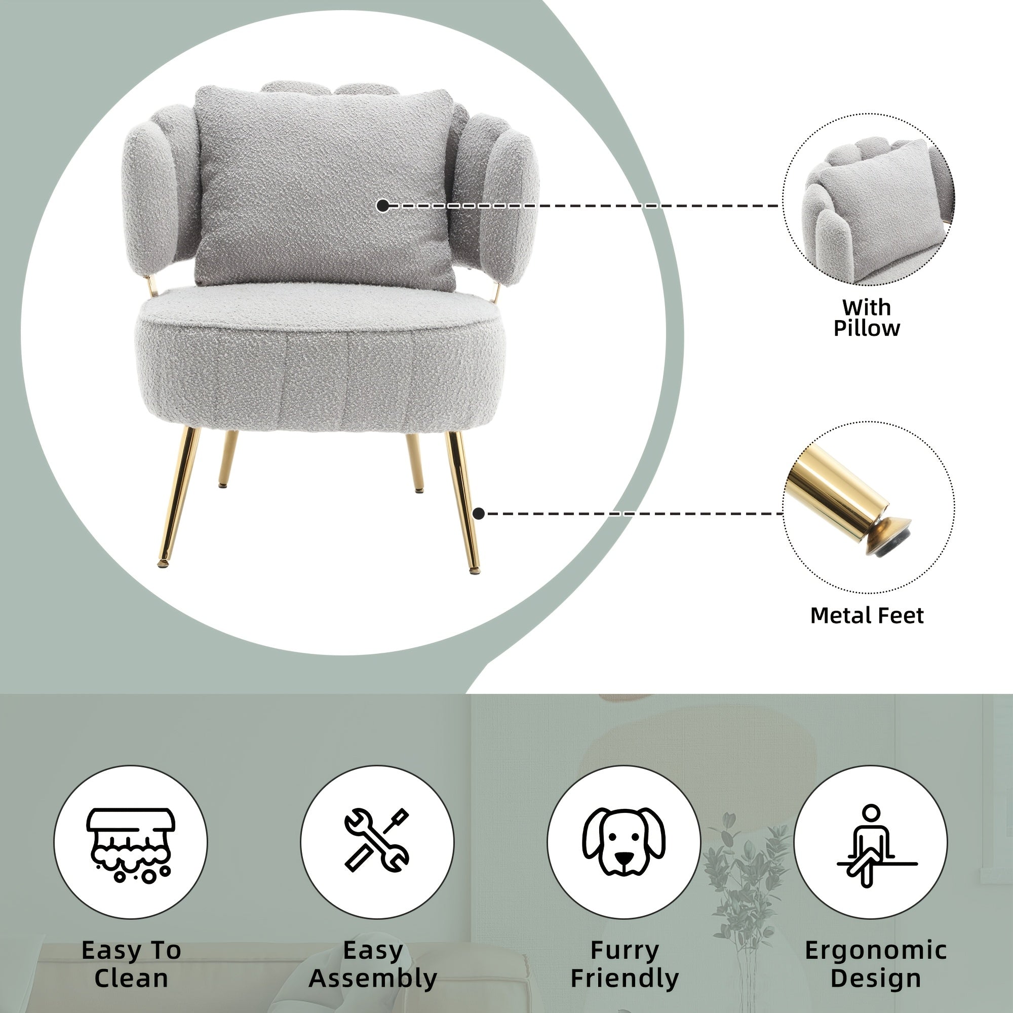 Modern Accent Chair Living Room Tufted Chair With Curved Backrest Boucle Single Chair With Golden Metal Legs For Living Room Bedroom Waiting Room Reading Room Cafe