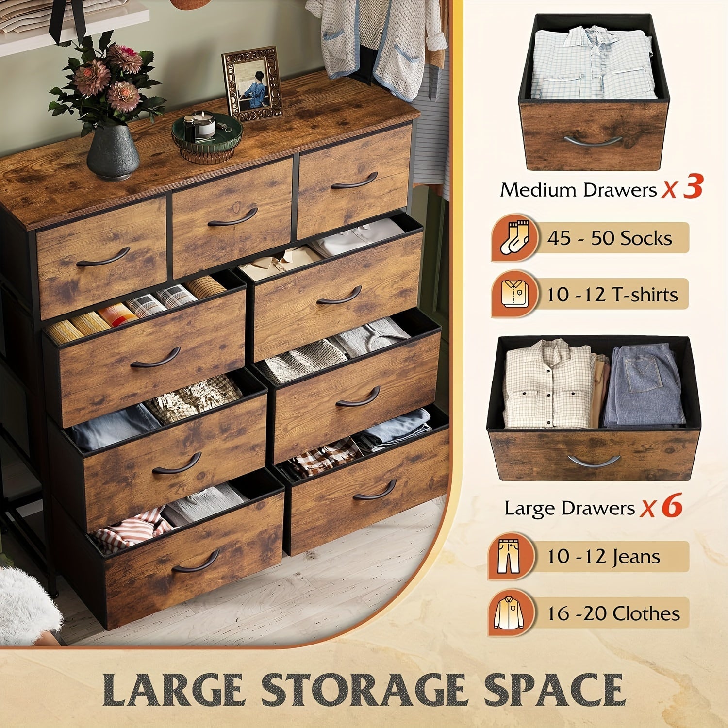 9 Drawer Dresser Fabric Storage Tower for Bedroom Hallway Closet Tall Chest Organizer Unit with Fabric Bins Steel Frame