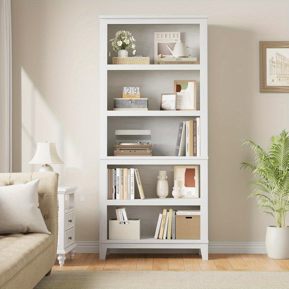 Rustic Farmhouse Wooden Bookcase 5-Tier Storage Bookshelf Vintage Etagere for Home Office Living Room Bedroom - White