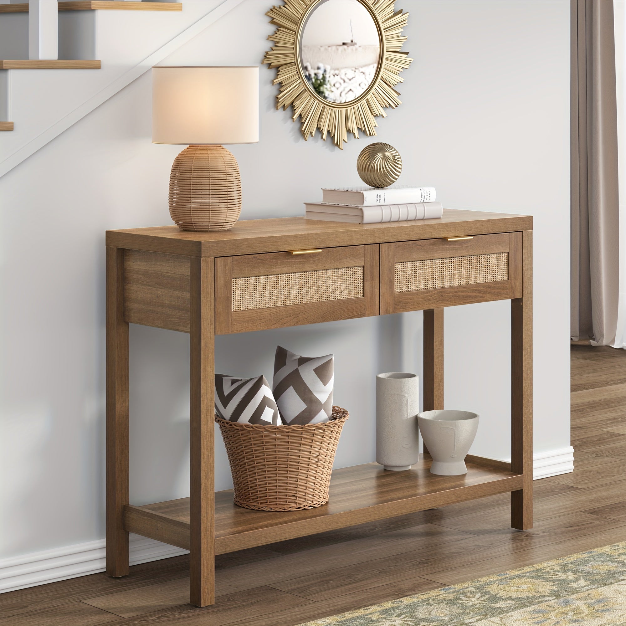 Rattan Console Table With Drawers, Wood Narrow Sofa Table Entryway Table For Hallway, Living Room