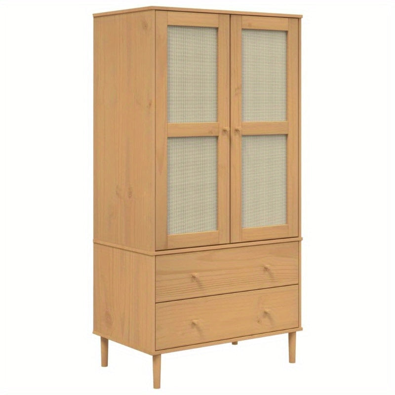 Wardrobe Rattan Look Brown 35.4"x21.7"x68.9" Solid Wood Pine, provides ample storage space, door surface is handcrafted cane